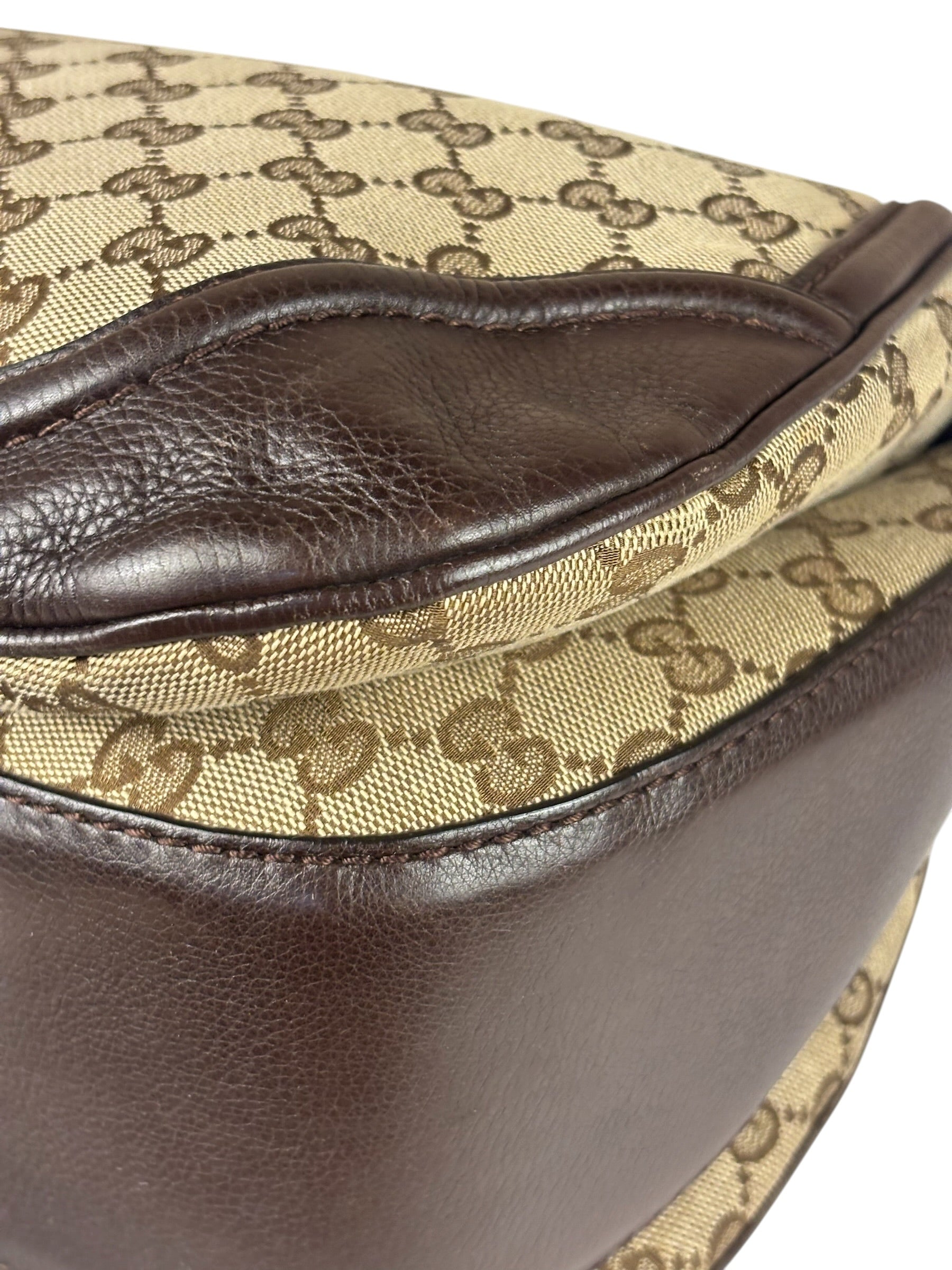 Gucci Brown Leather Trim GG Bamboo Handle Two-Way Bag