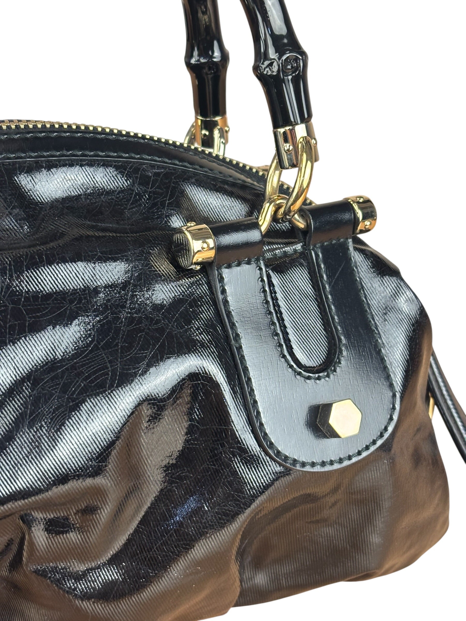 Gucci Black Patent Vintage Dialux Pop Bamboo 2Way Handbag