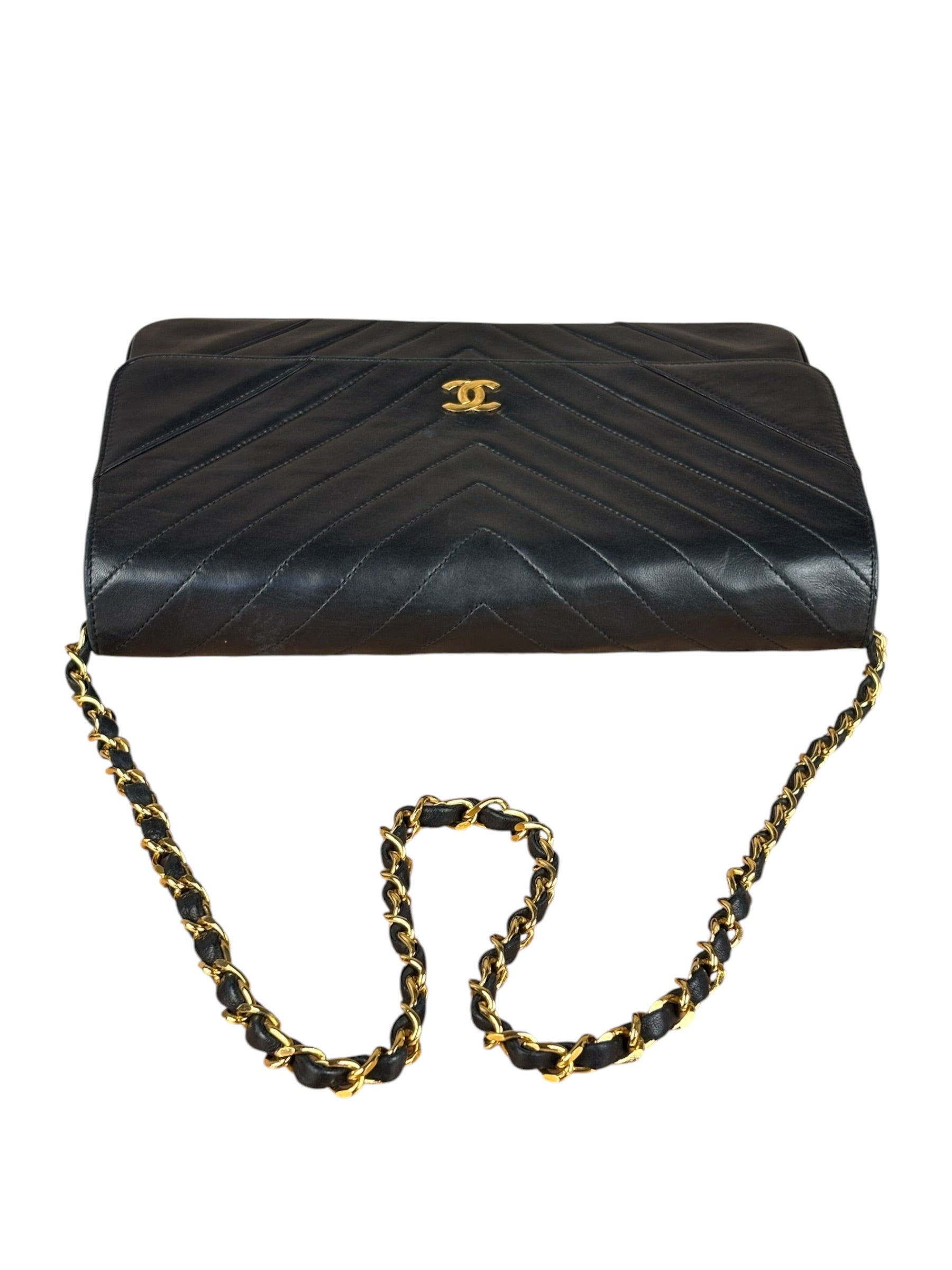 Chanel Vintage Black Chevron Flap Shoulder Bag- Late 1990's