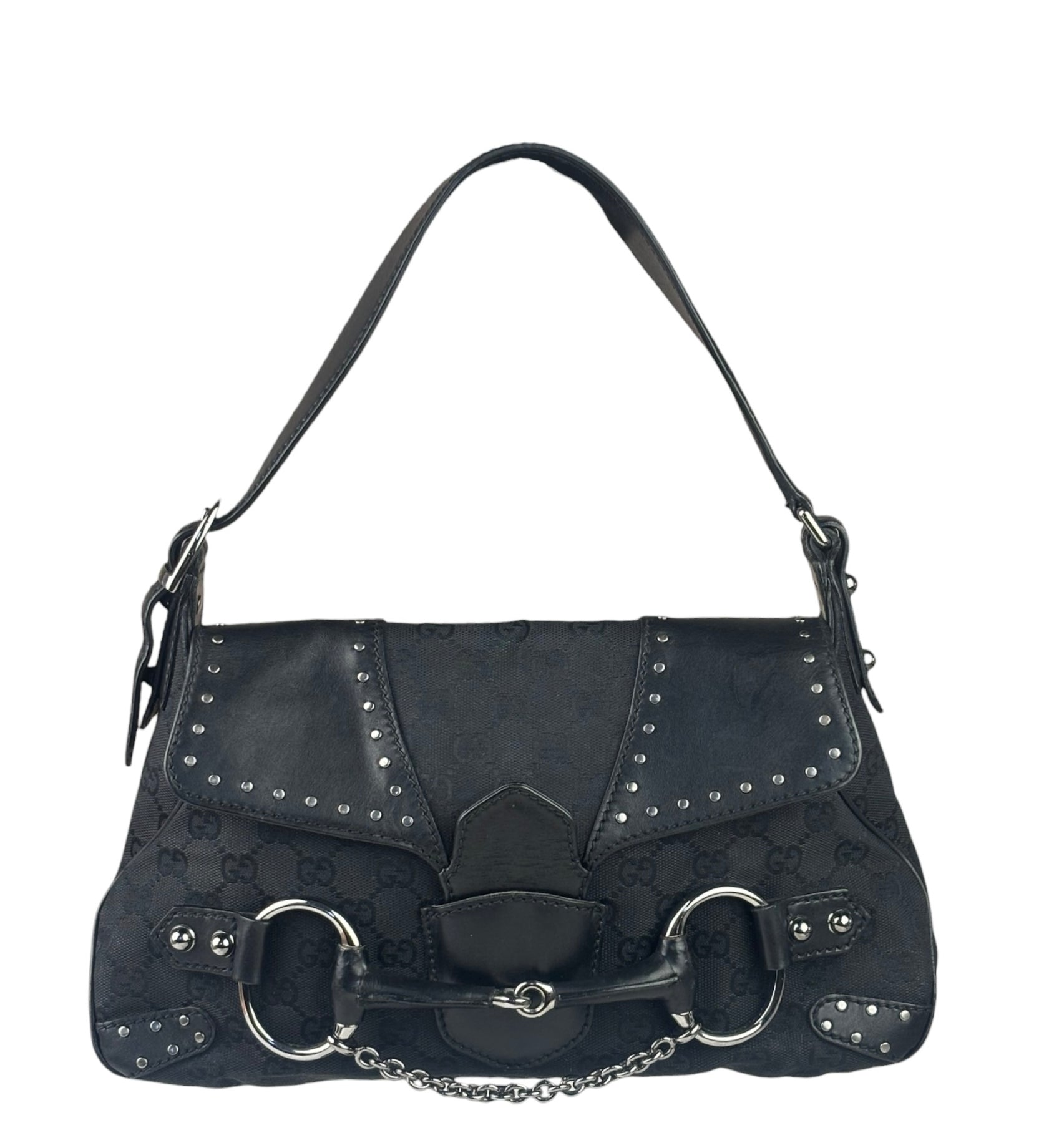 Gucci Vintage Black Horsebit Studded Chain Shoulder Bag
