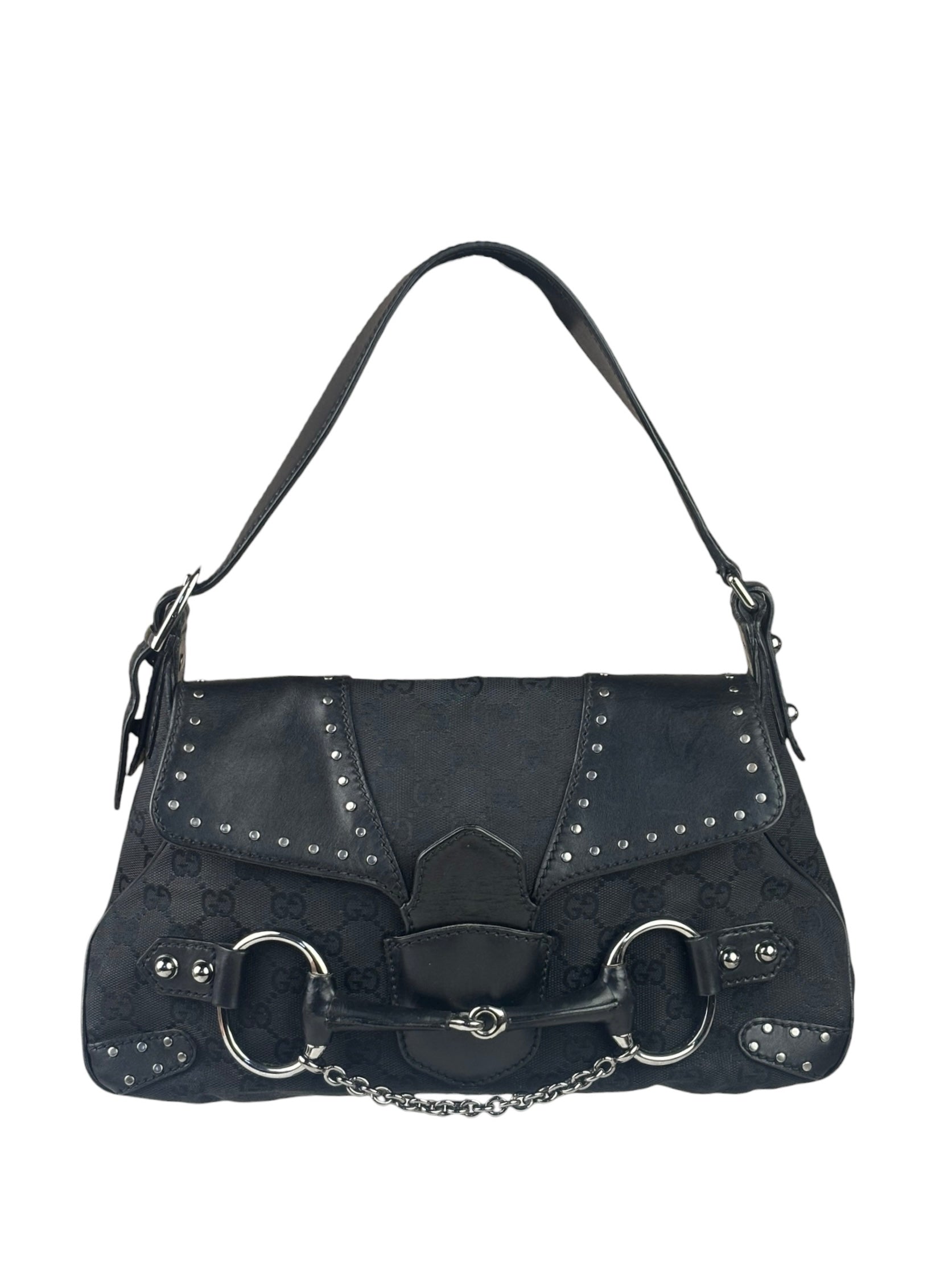 Gucci Vintage Black Horsebit Studded Chain Shoulder Bag