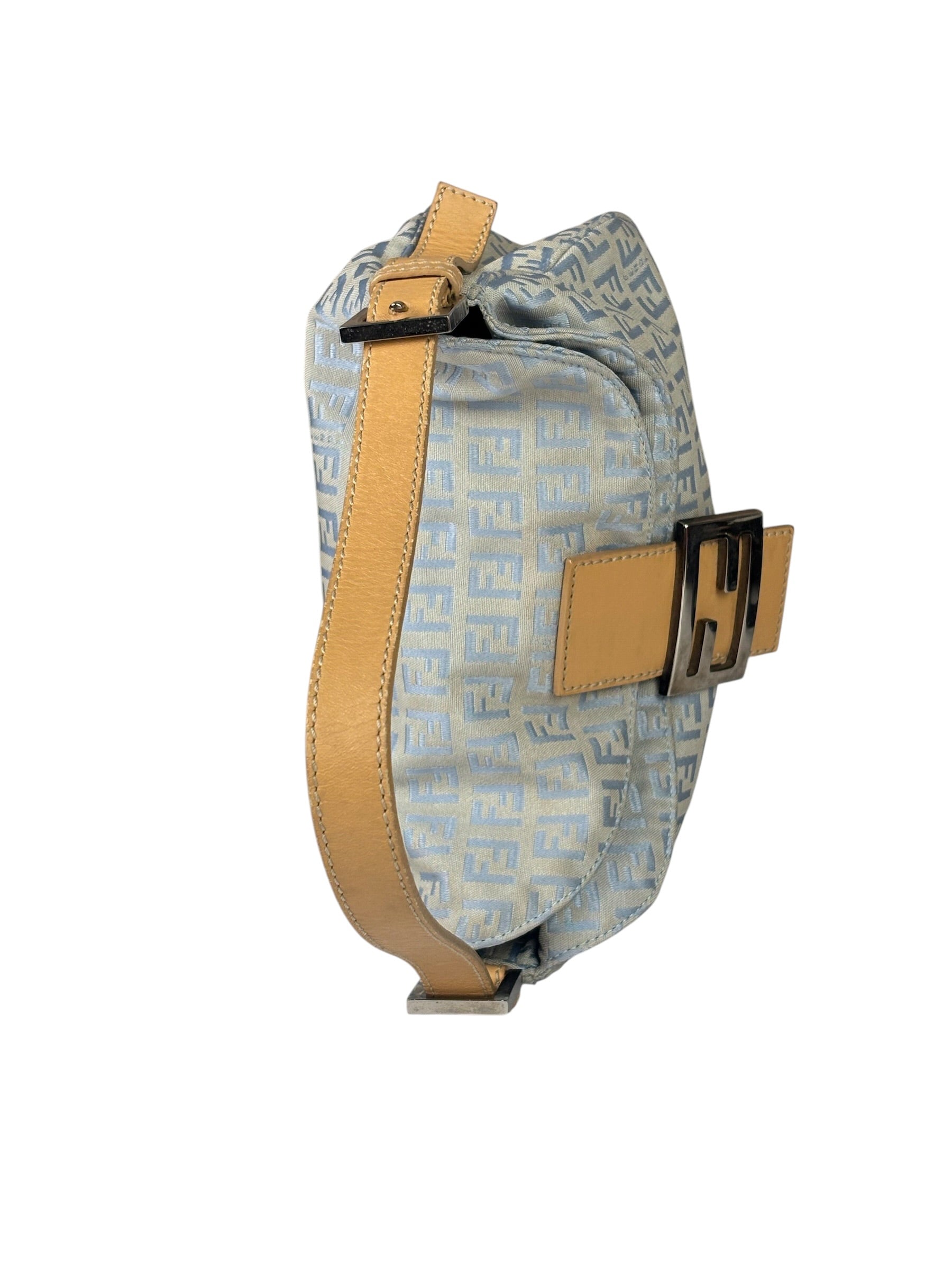 Fendi Leather Light Blue Trim Zucca Baguette