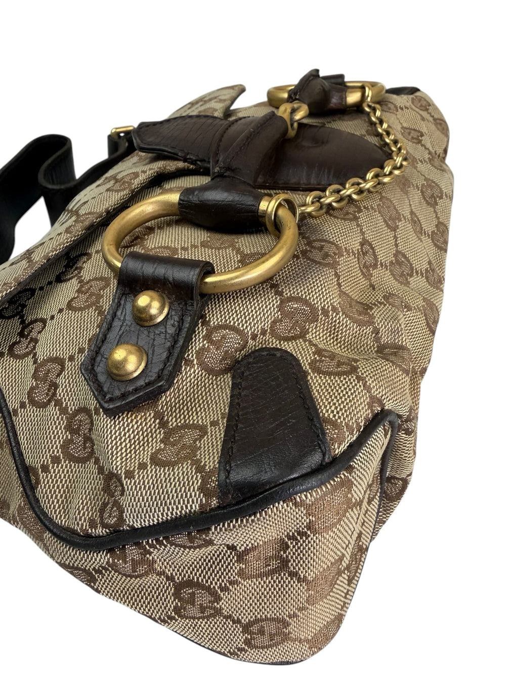 Gucci Brown Leather Trim GG Horsebit Chain Shoulder Bag