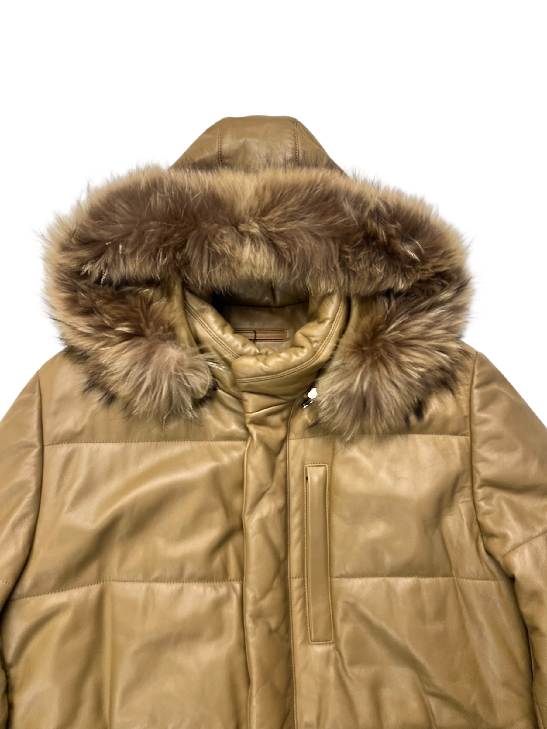 Balmain Beige Leather Puffer Fur Hooded Coat