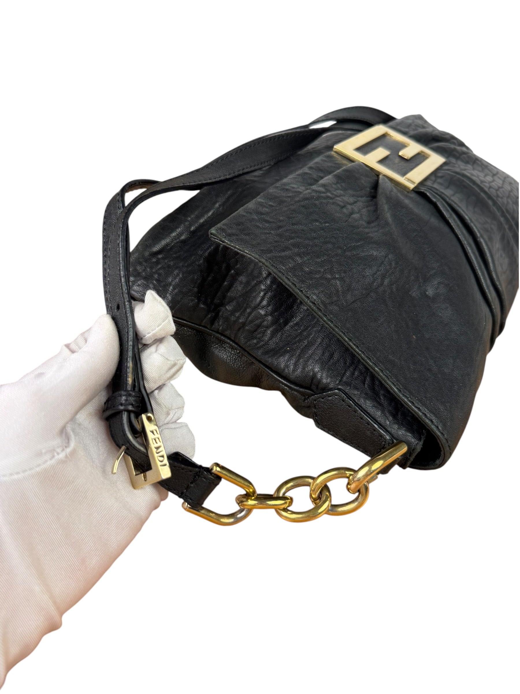 Fendi Black Pebbled Leather Mia Flap Bag