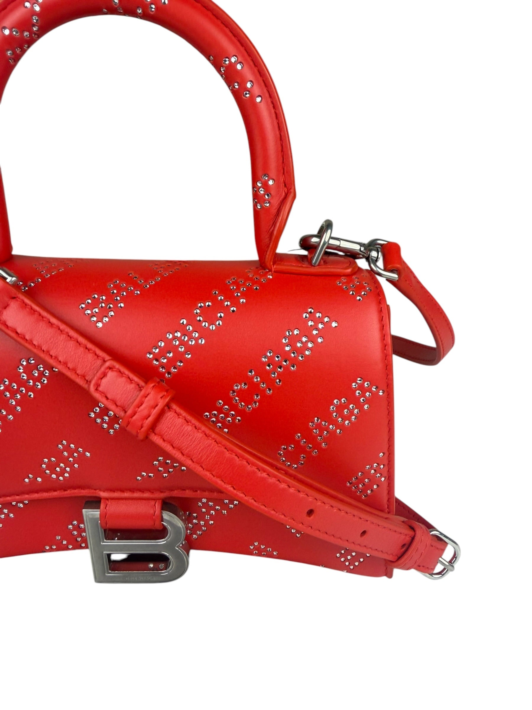 Balenciaga Red Leather Hourglass XS Rhinestones Two-Way Bag