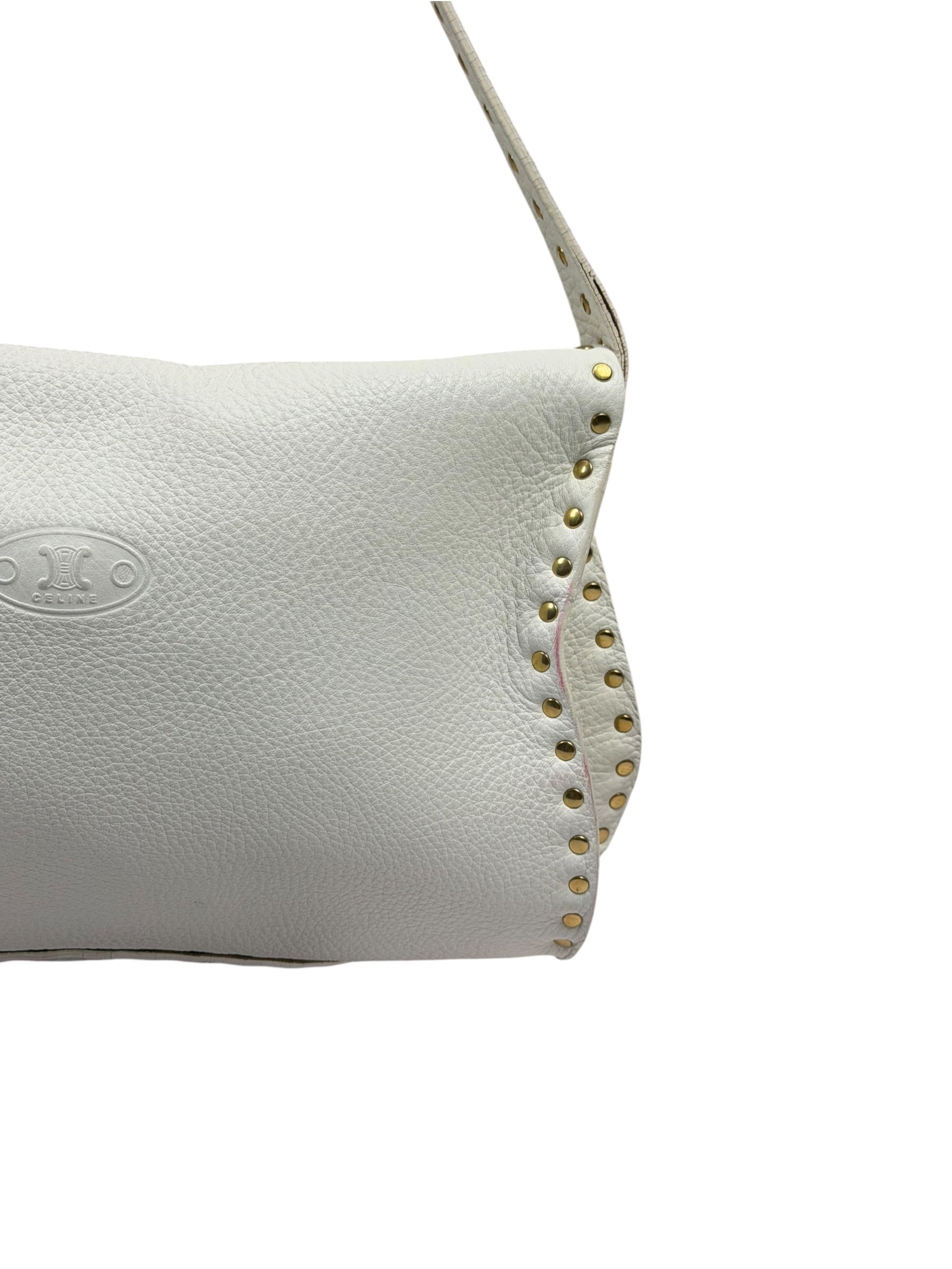 Celine White Grained Leather Studded Poultbot Shoulder Bag