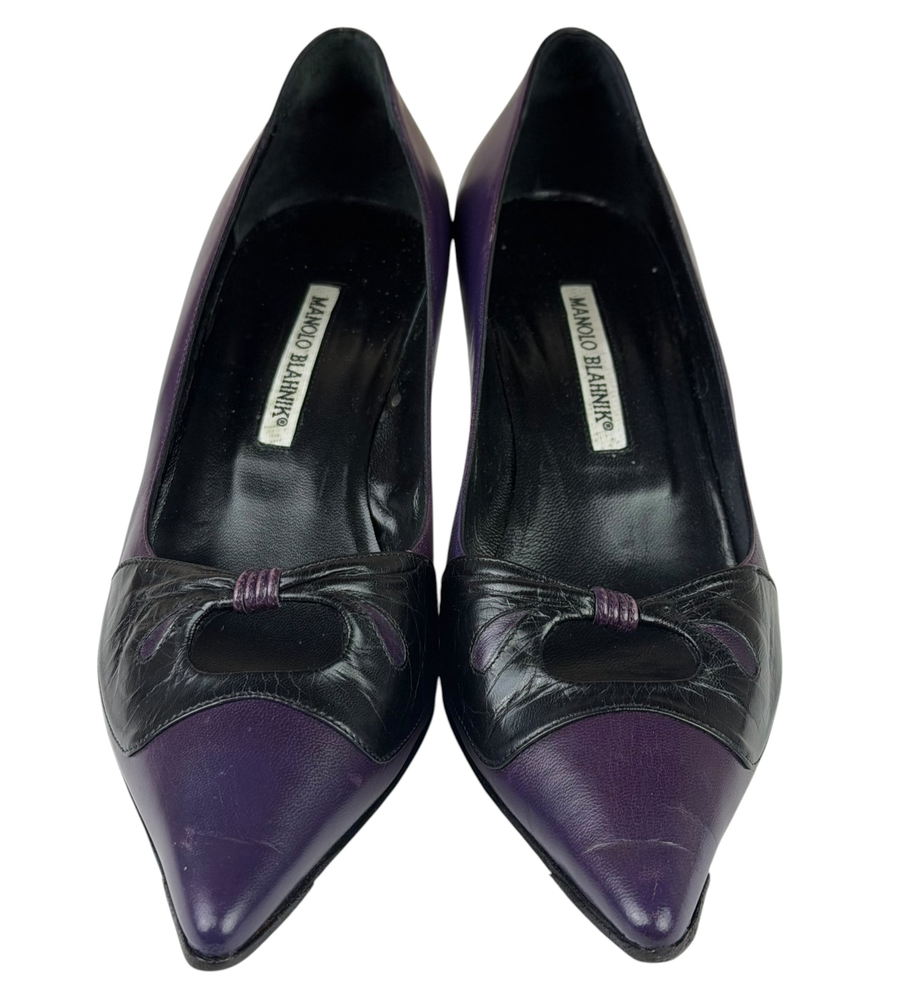 Manolo Blahnik Purple/Black Bow Kitten Heels