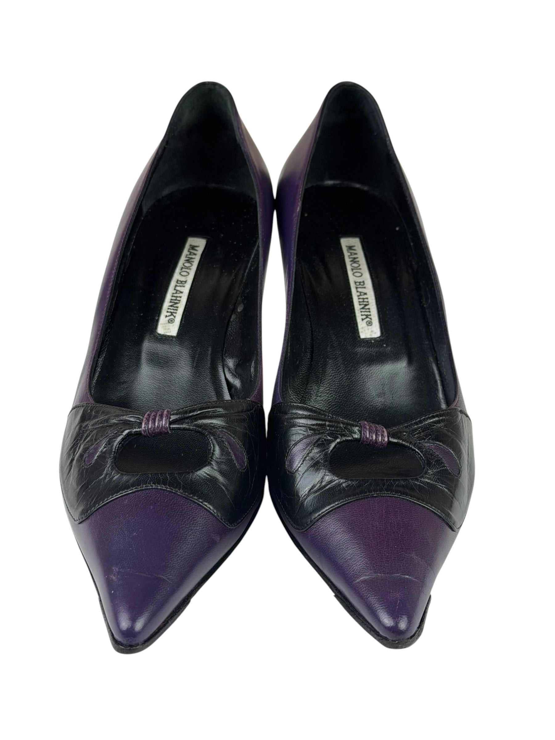 Manolo Blahnik Purple/Black Bow Kitten Heels