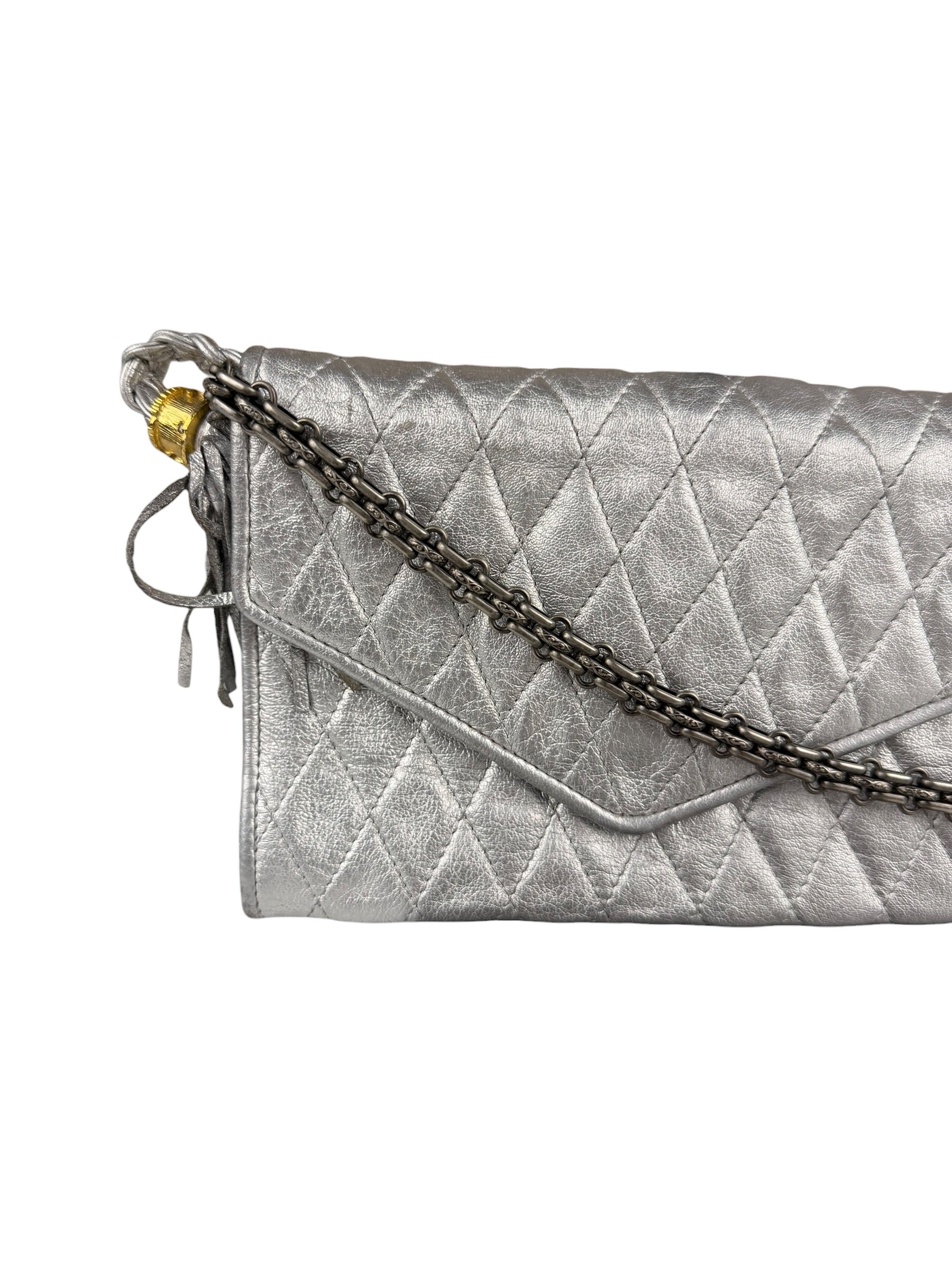 Chanel Vintage Metallic Silver Quilted Tassel Flap Bag 1997