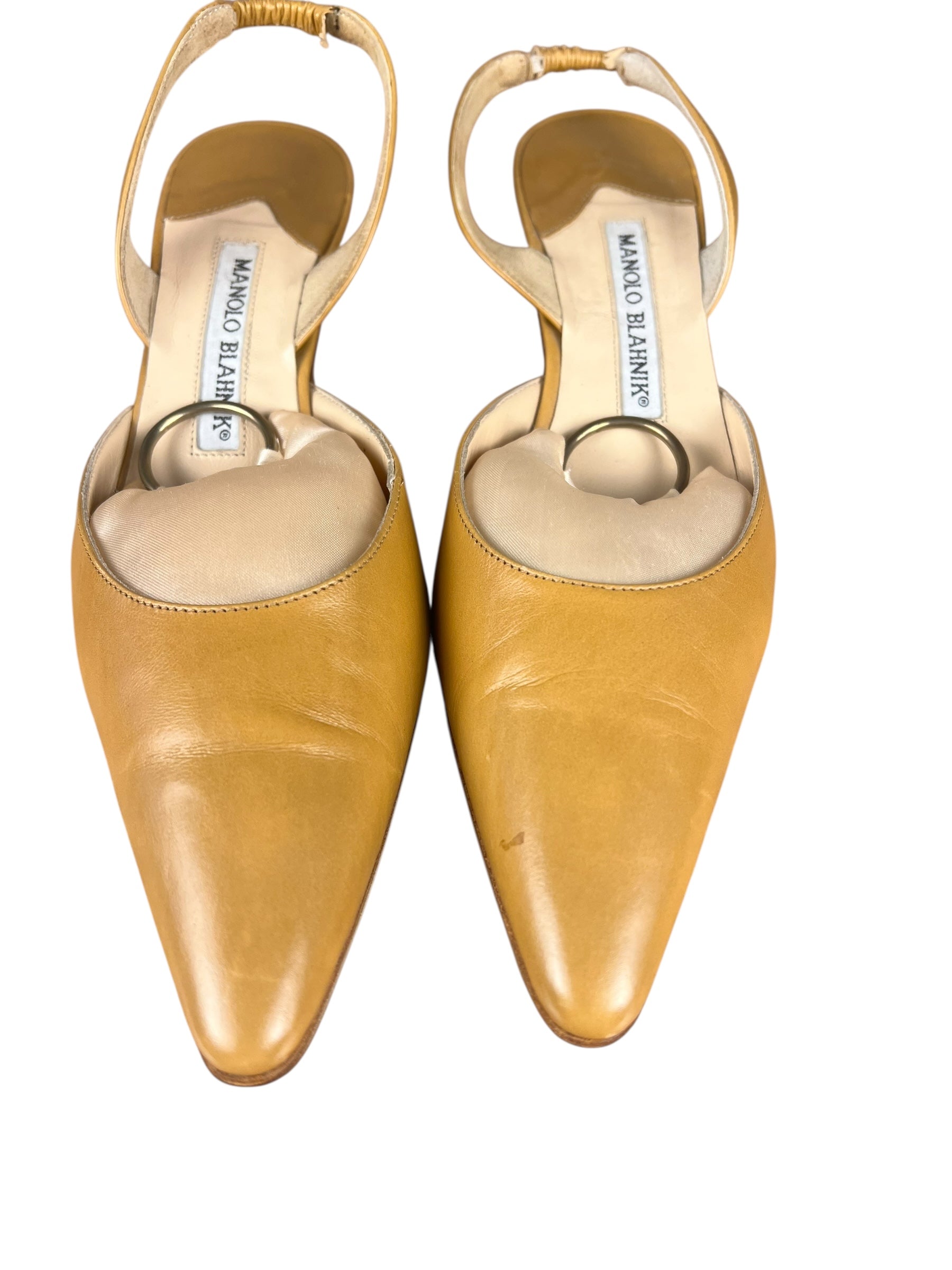 Manolo Blahnik Nude Leather Slingback Kitten Heels