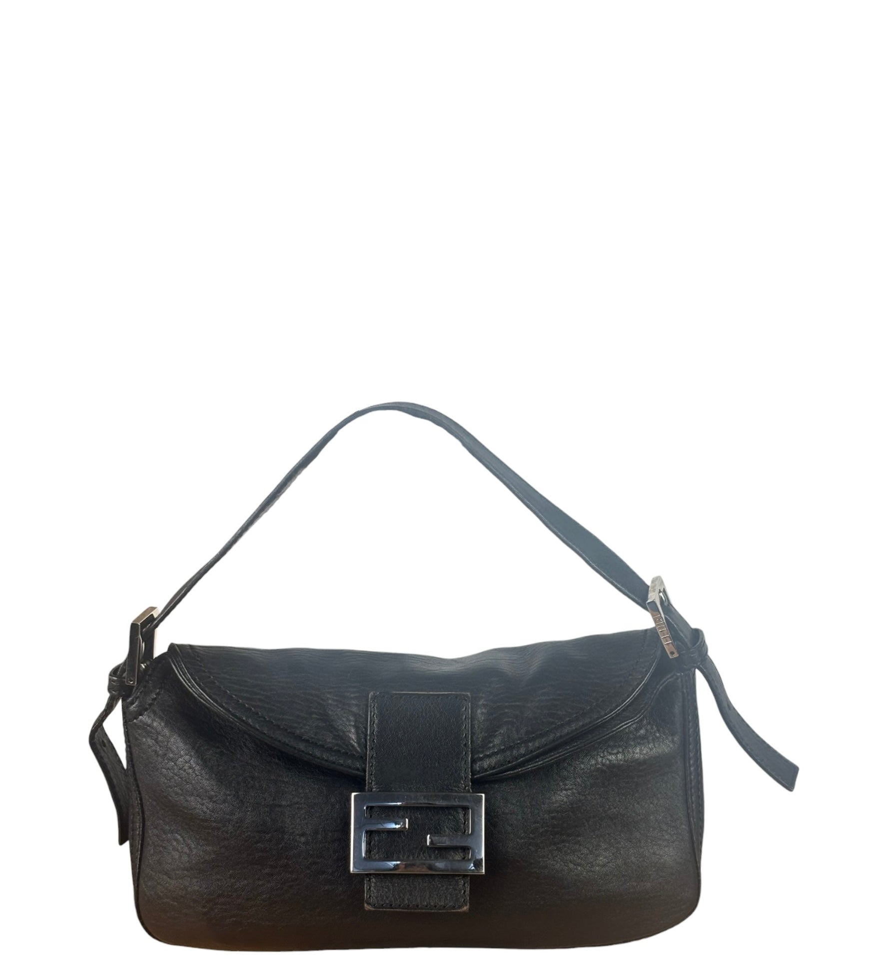 Fendi Vintage Black Leather Double Flap Baguette