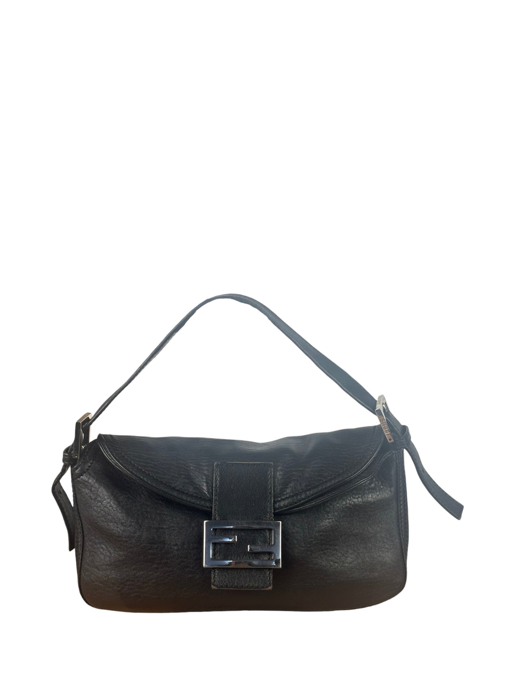 Fendi Vintage Black Leather Double Flap Baguette