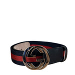 Gucci Navy Blue Leather Trim G Web Buckle Belt