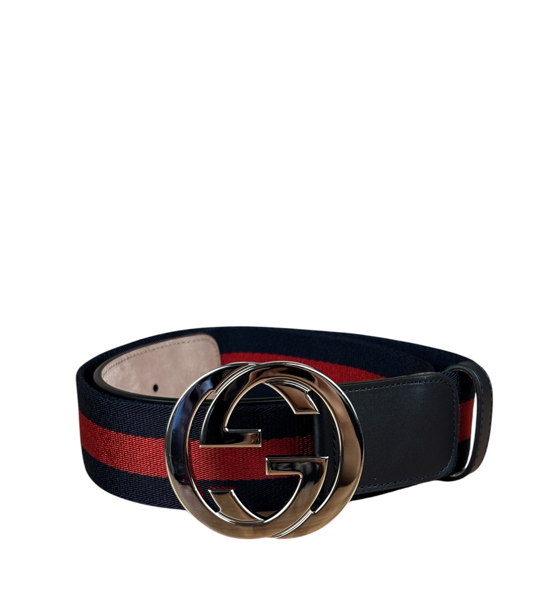 Gucci Navy Blue Leather Trim G Web Buckle Belt
