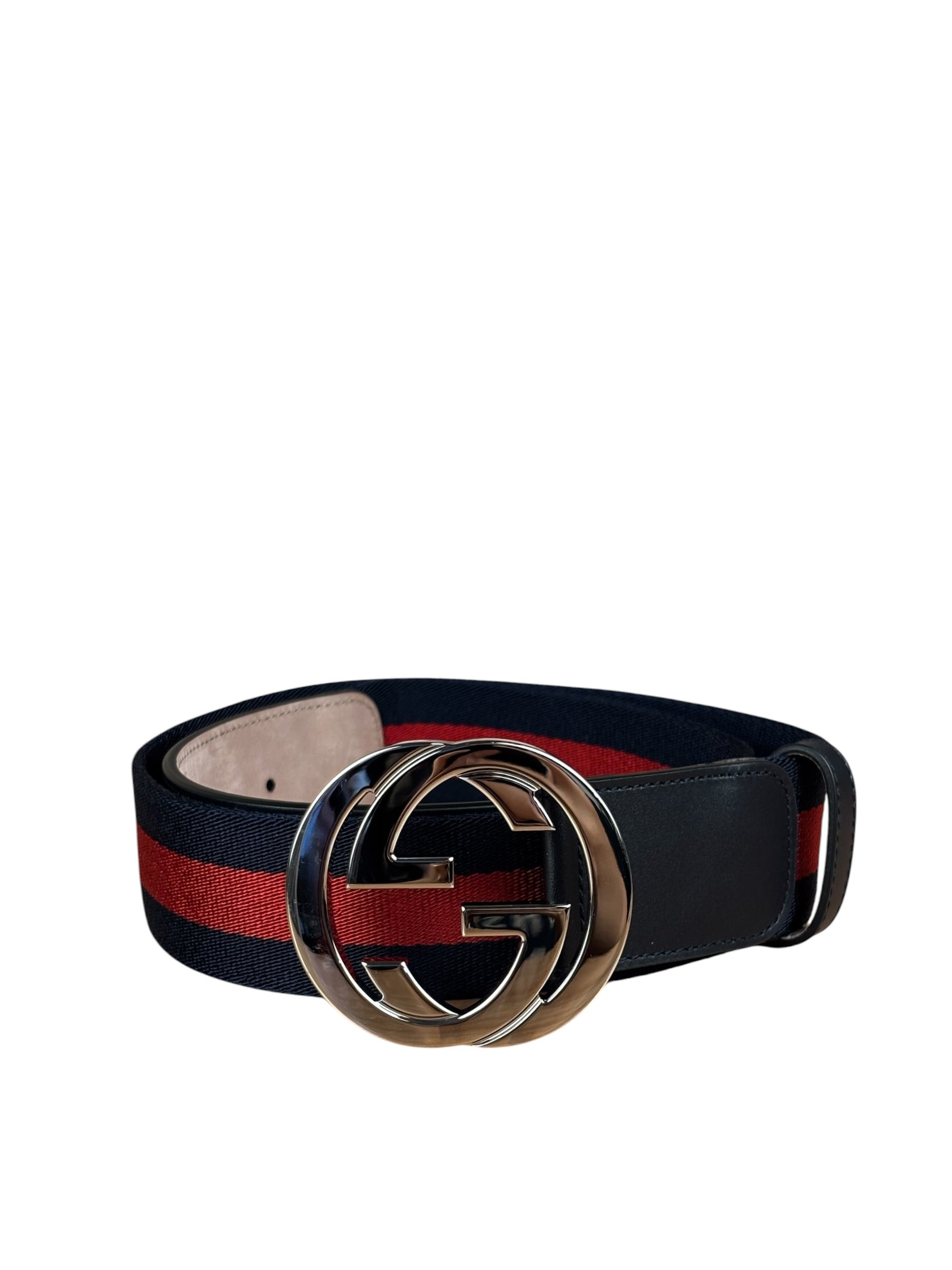 Gucci Navy Blue Leather Trim G Web Buckle Belt