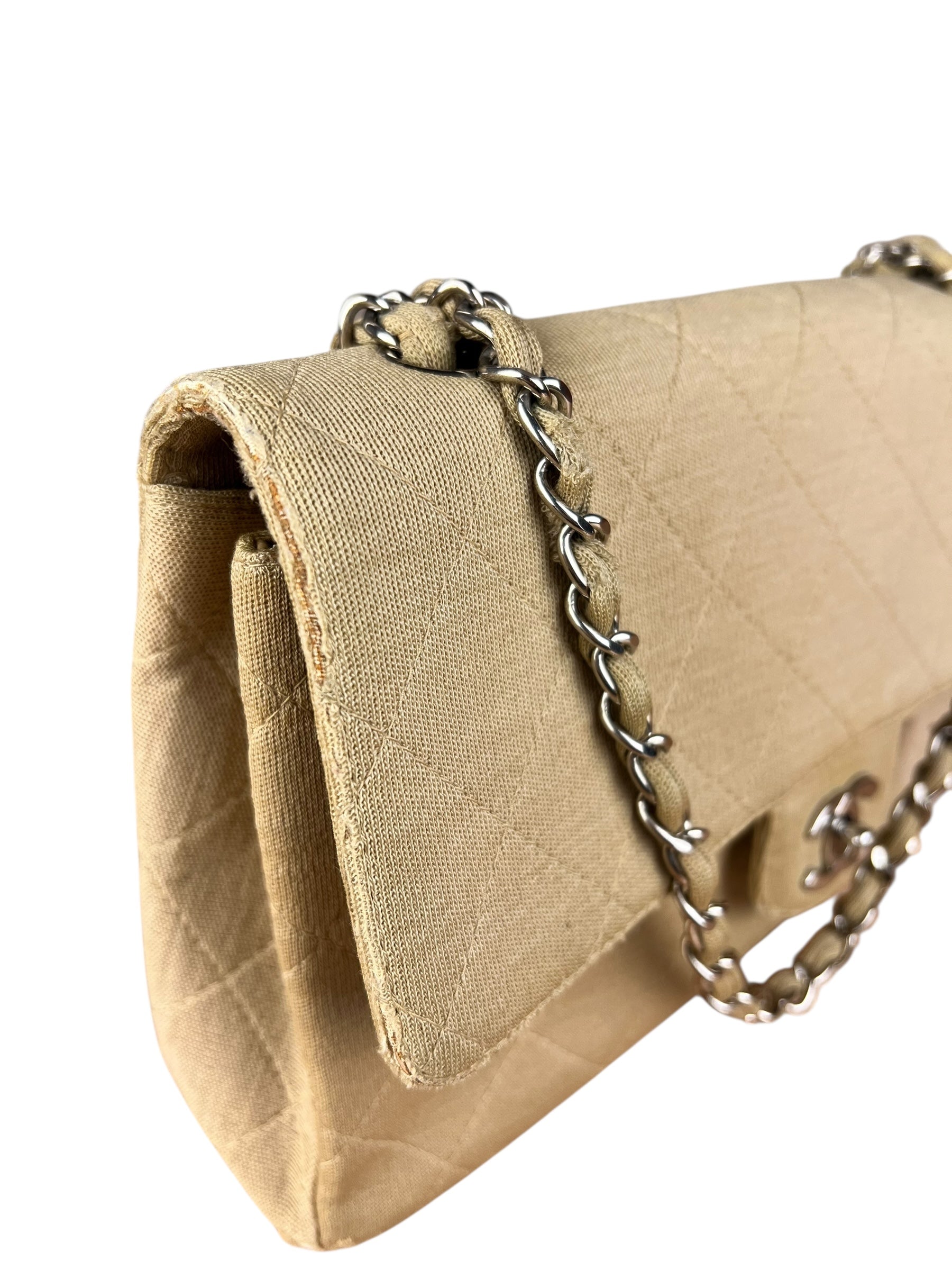 Chanel Vintage Beige Jersey Quilted Classic Flap Bag