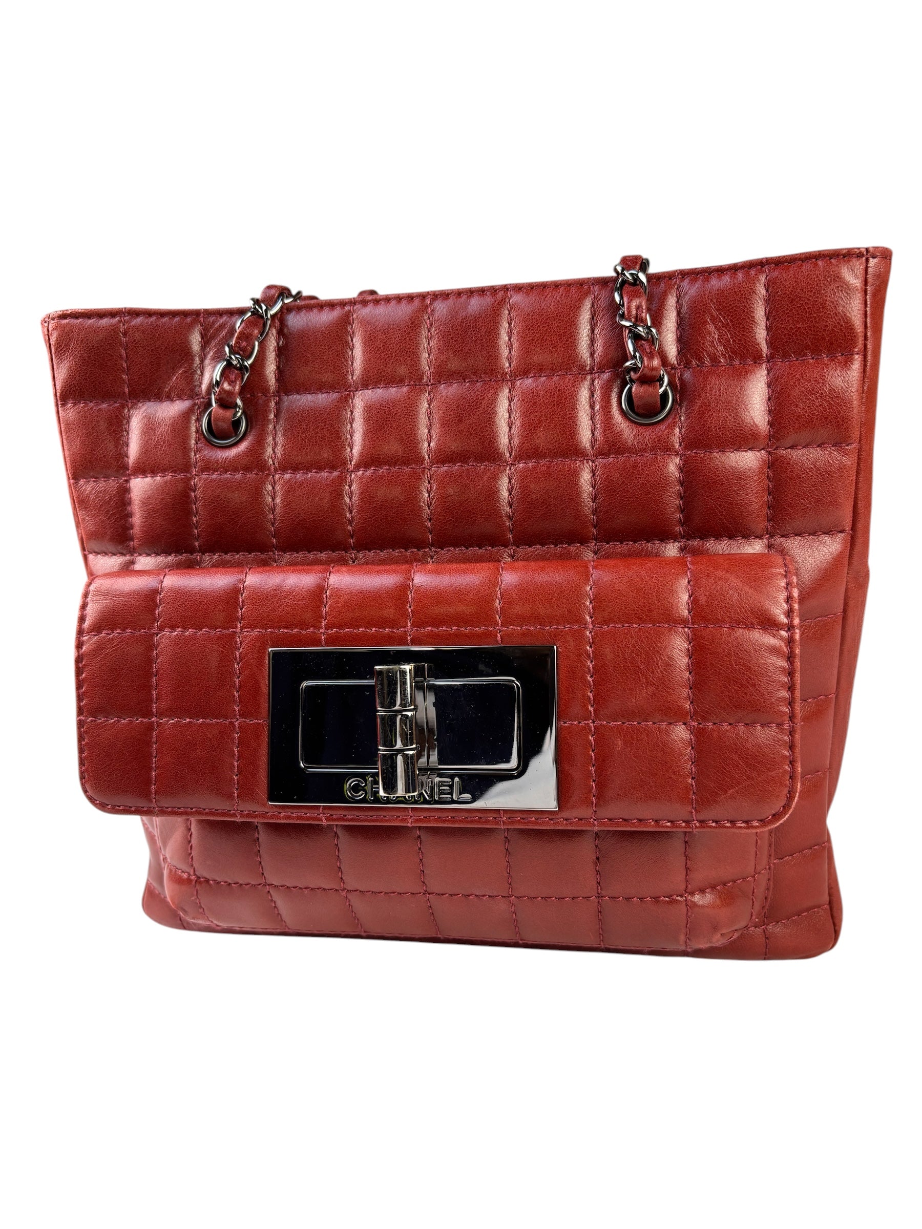 Chanel Red Lambskin Chocolate Bar Mademoiselle Reissue Square Tote  2004