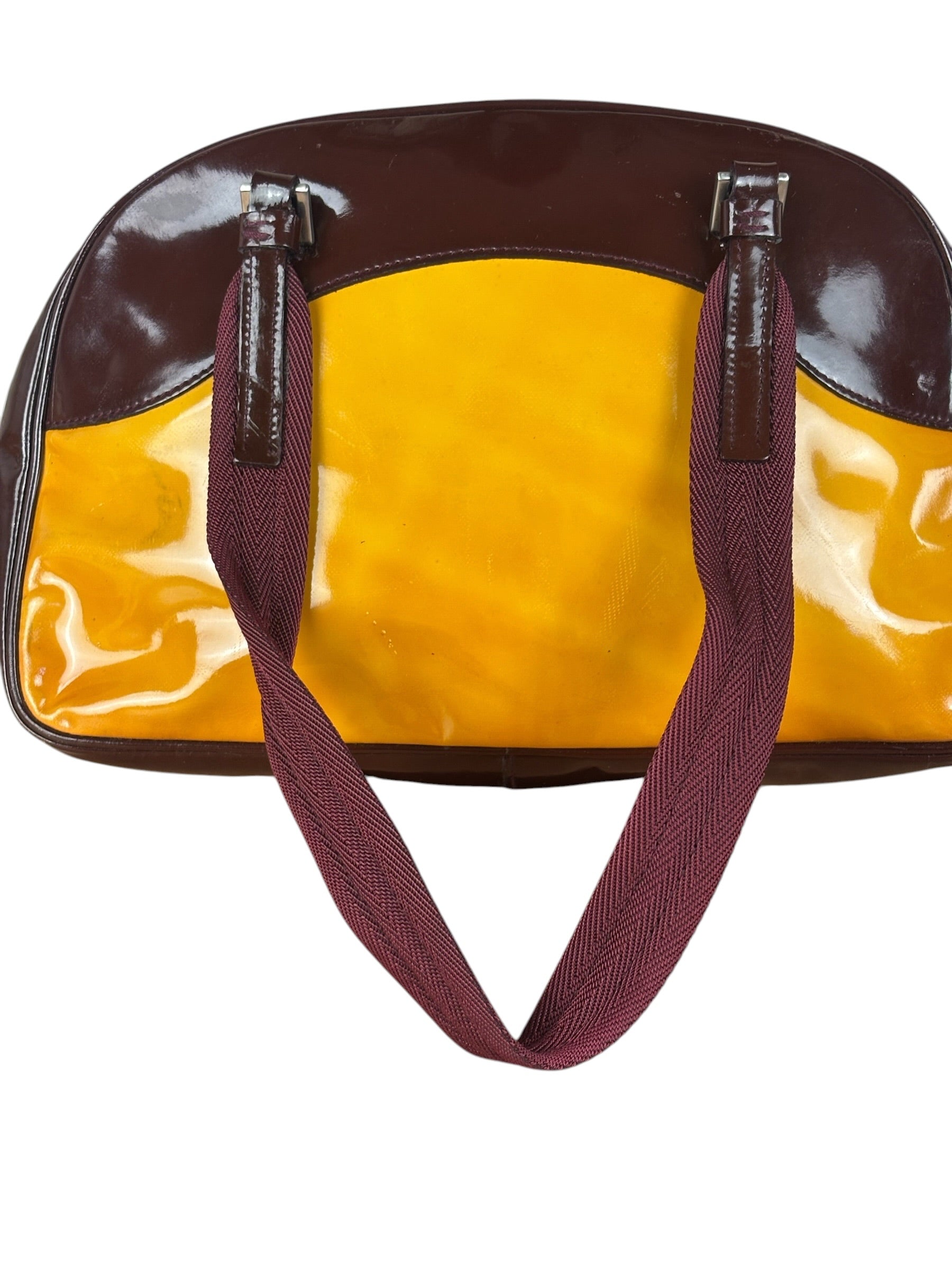 Prada Vintage Yellow/Burgundy Patent Leather Bowler Shoulder Bag