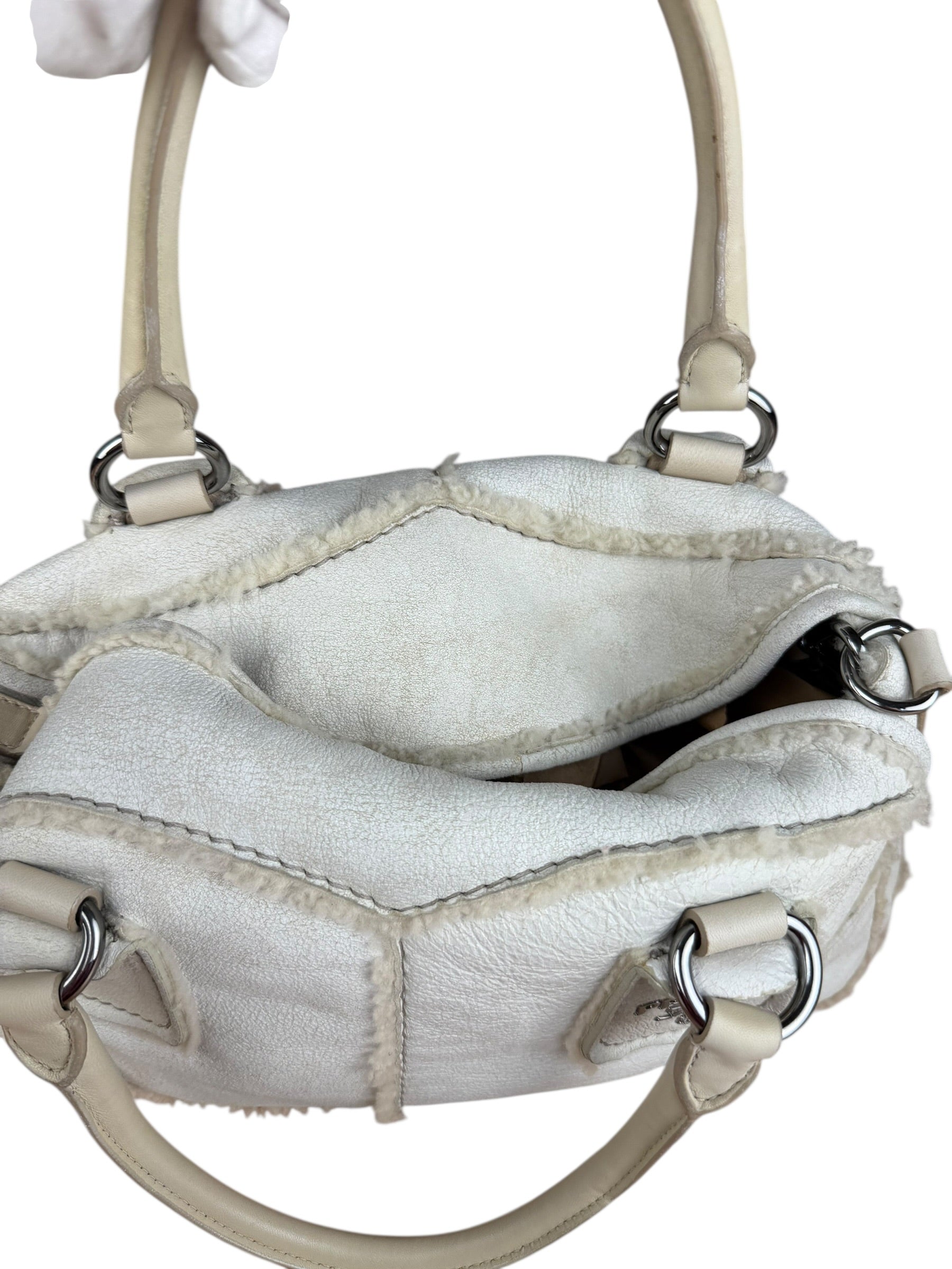 Prada Vintage White Studded Leather Shearling Bowler 2Way Bag