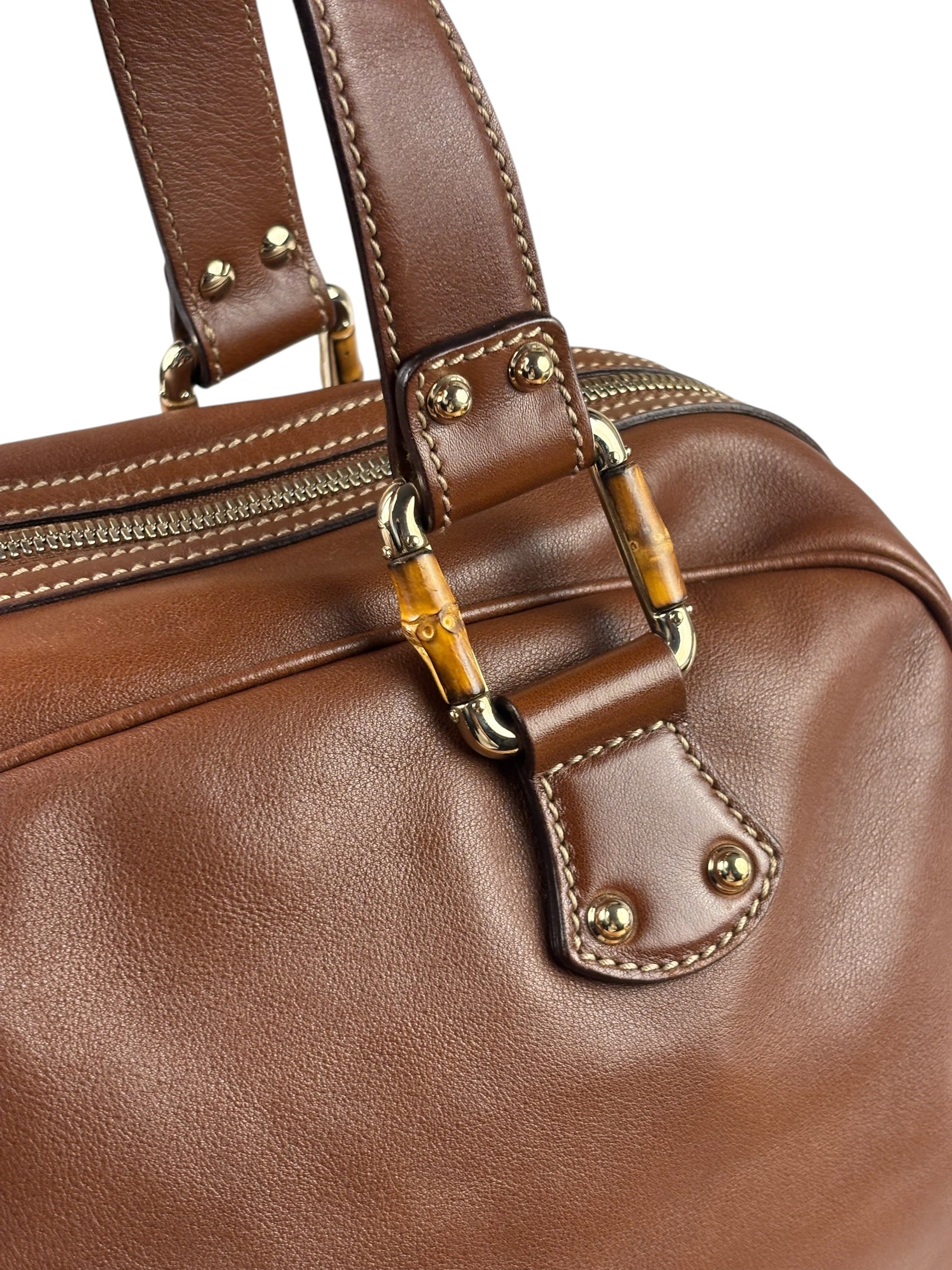 Gucci Tan Brown Leather Bamboo Handle Boston Bag