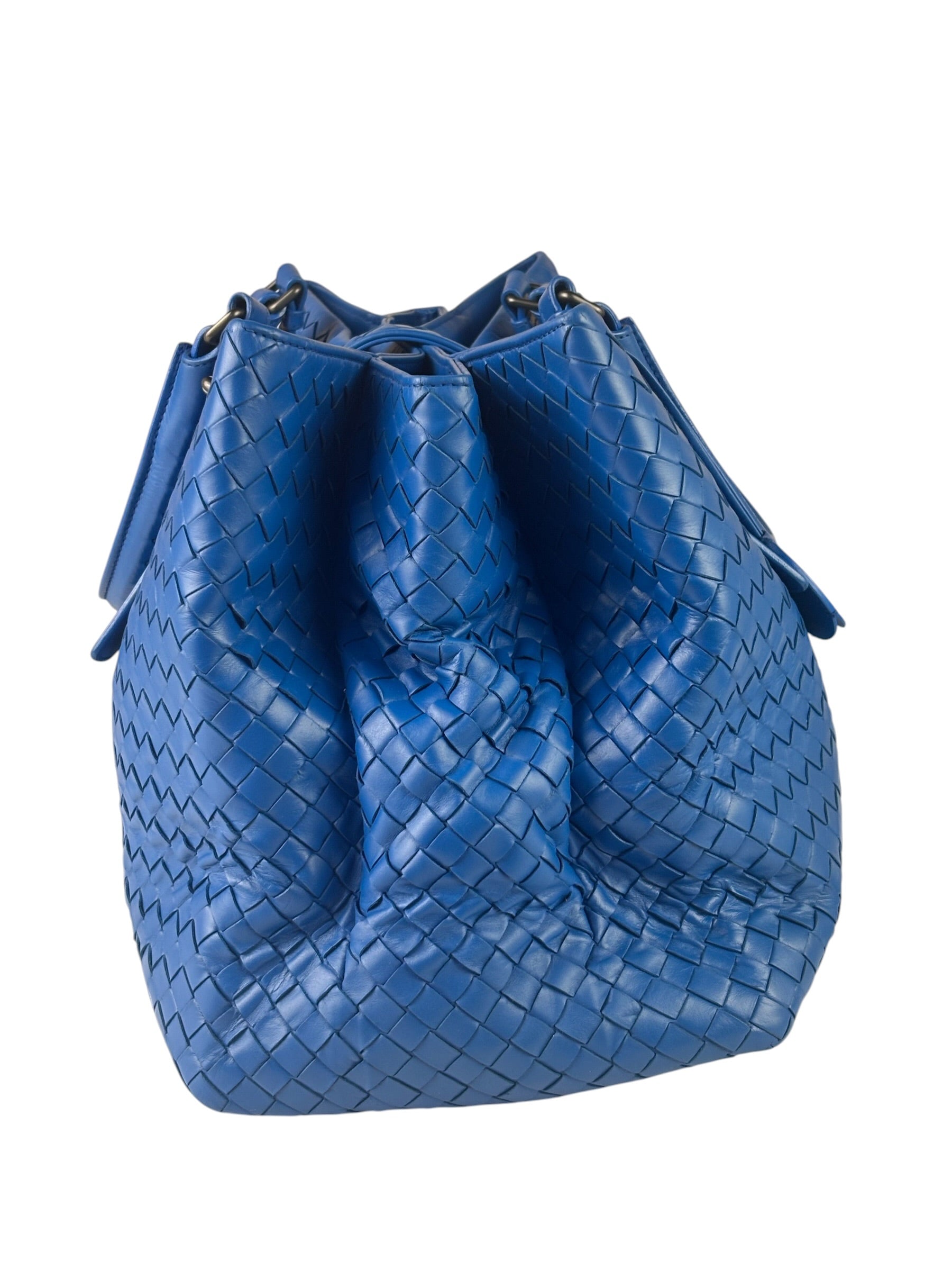Bottega Venete Blue Lambskin Intrecciato Roma Tote