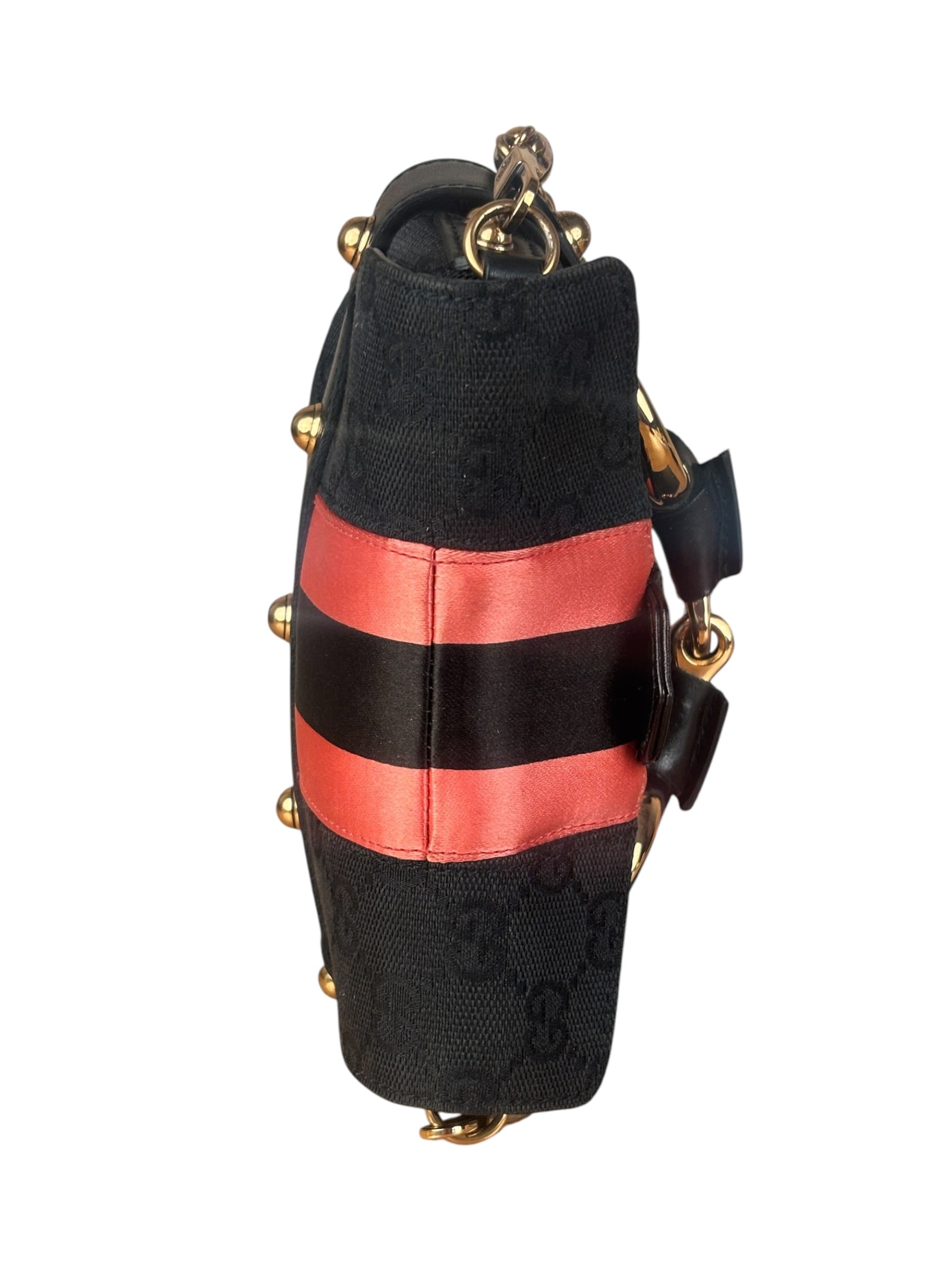 Gucci GG Black/Pink Canvas Horsebit Chain Shoulder Bag