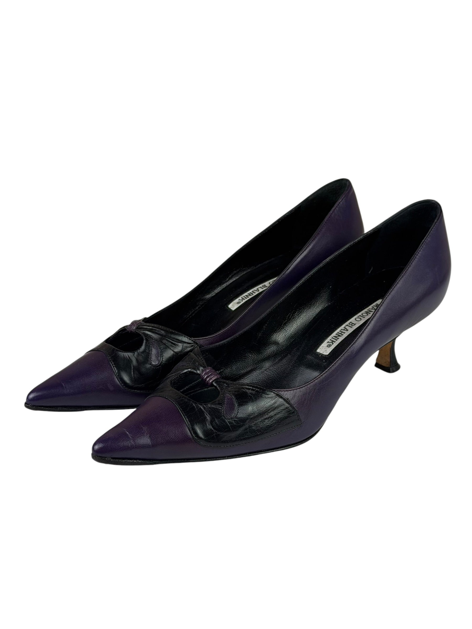 Manolo Blahnik Purple/Black Bow Kitten Heels