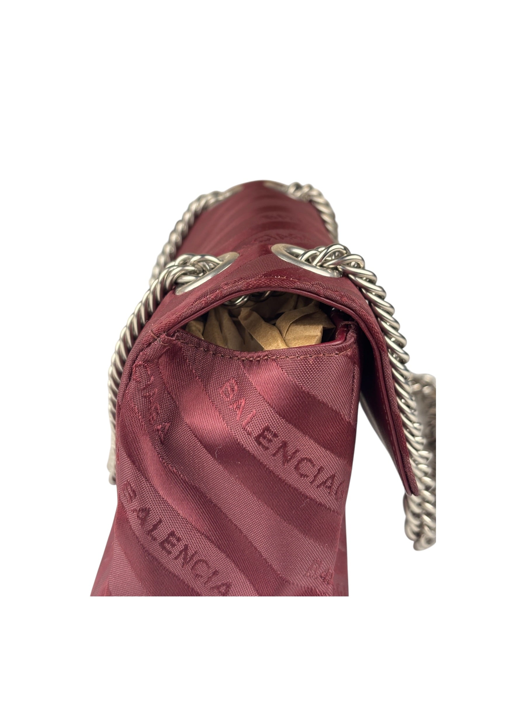 Balenciaga Burgundy Satin Jacquard Round S Lock Shoulder Bag