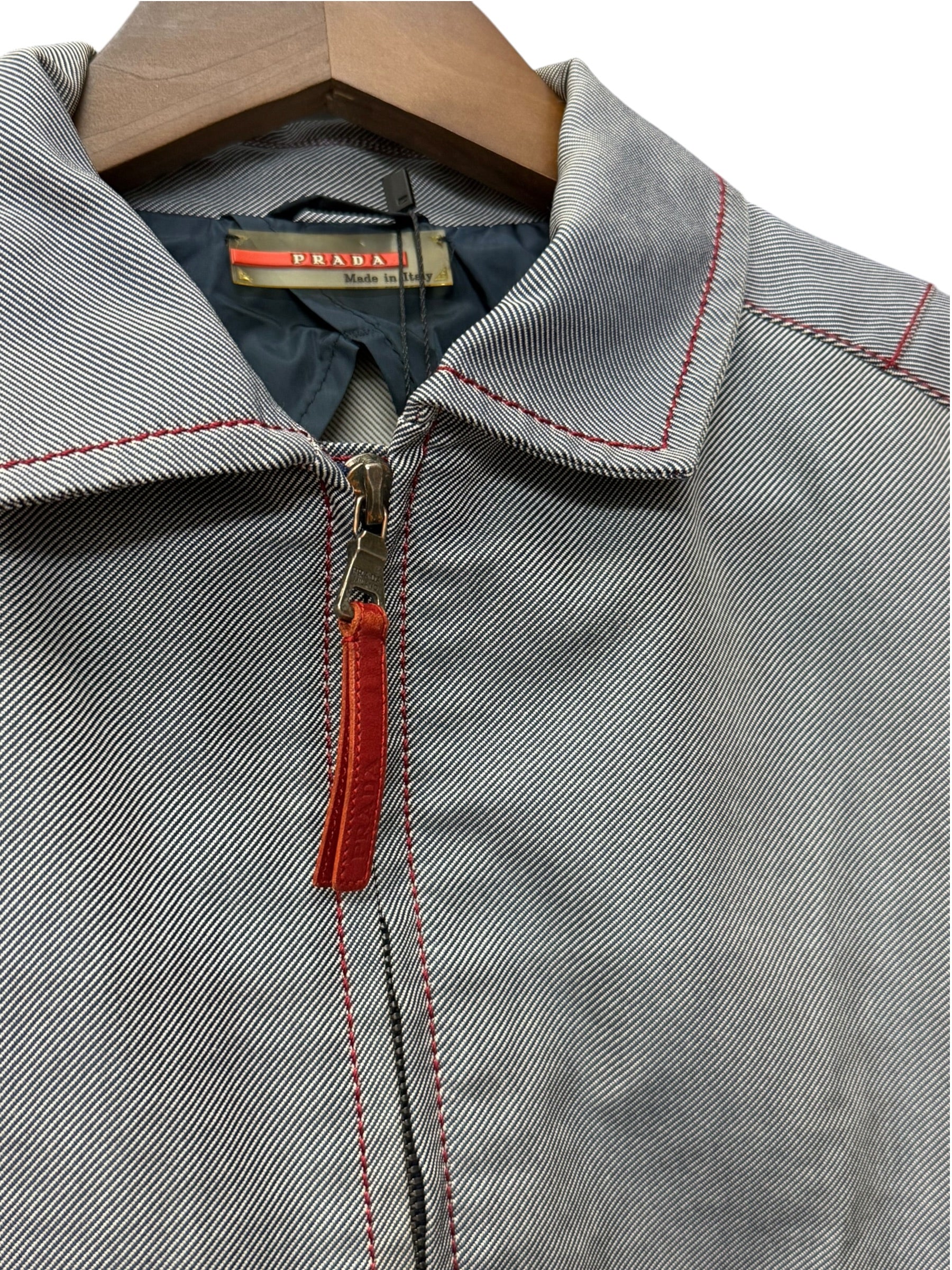 Prada Vintage Blue Striped Canvas Zip Up Collared Jacket