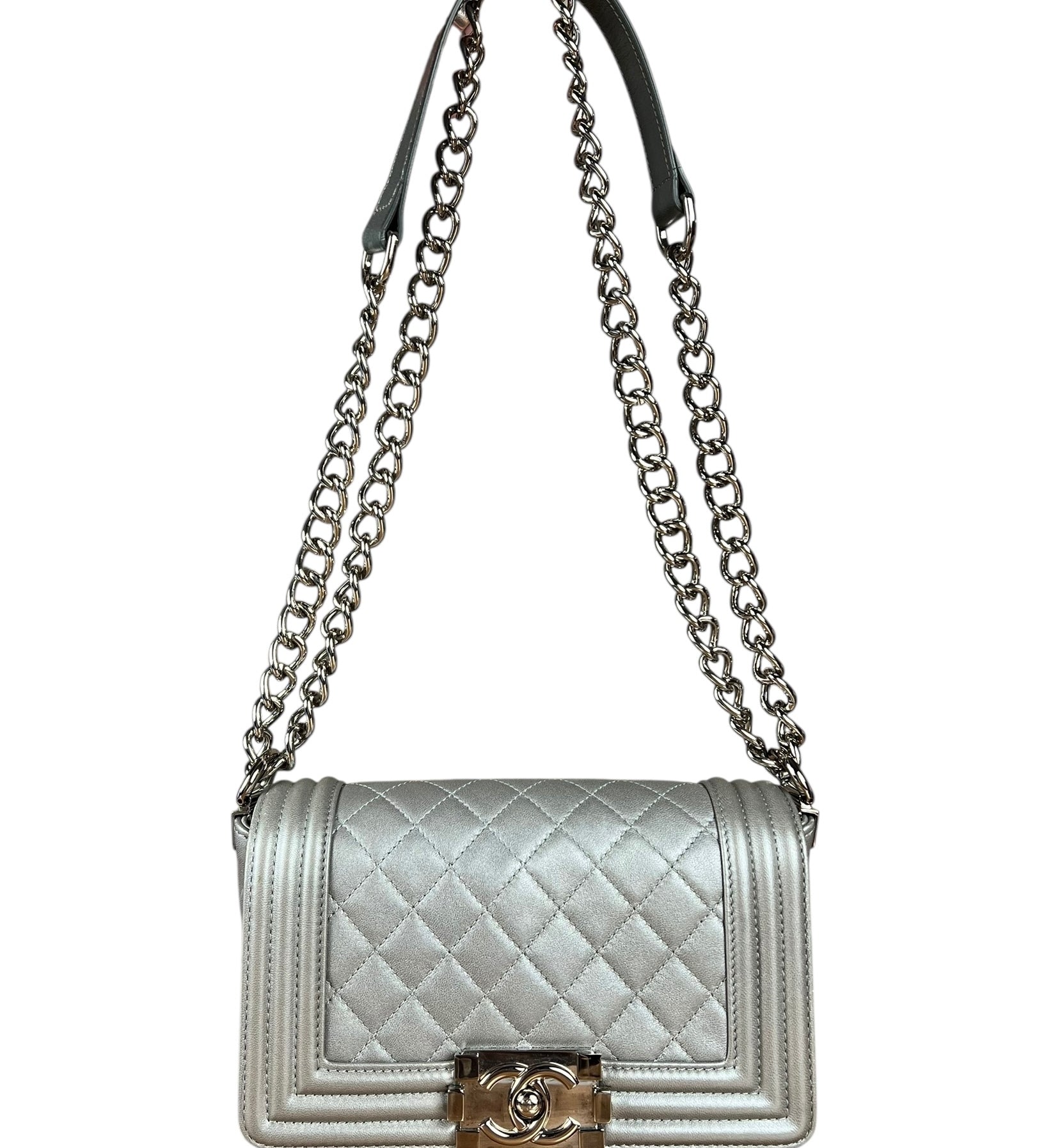 Chanel CC Silver Lambskin Quilted Boy Bag Red Stingray 2012