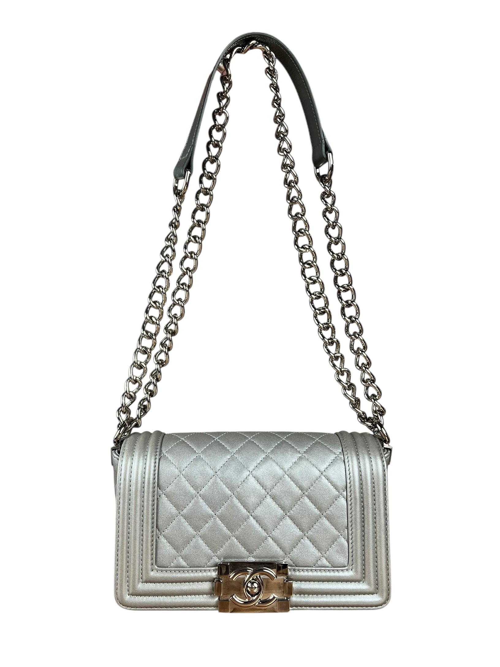 Chanel CC Silver Lambskin Quilted Boy Bag Red Stingray 2012