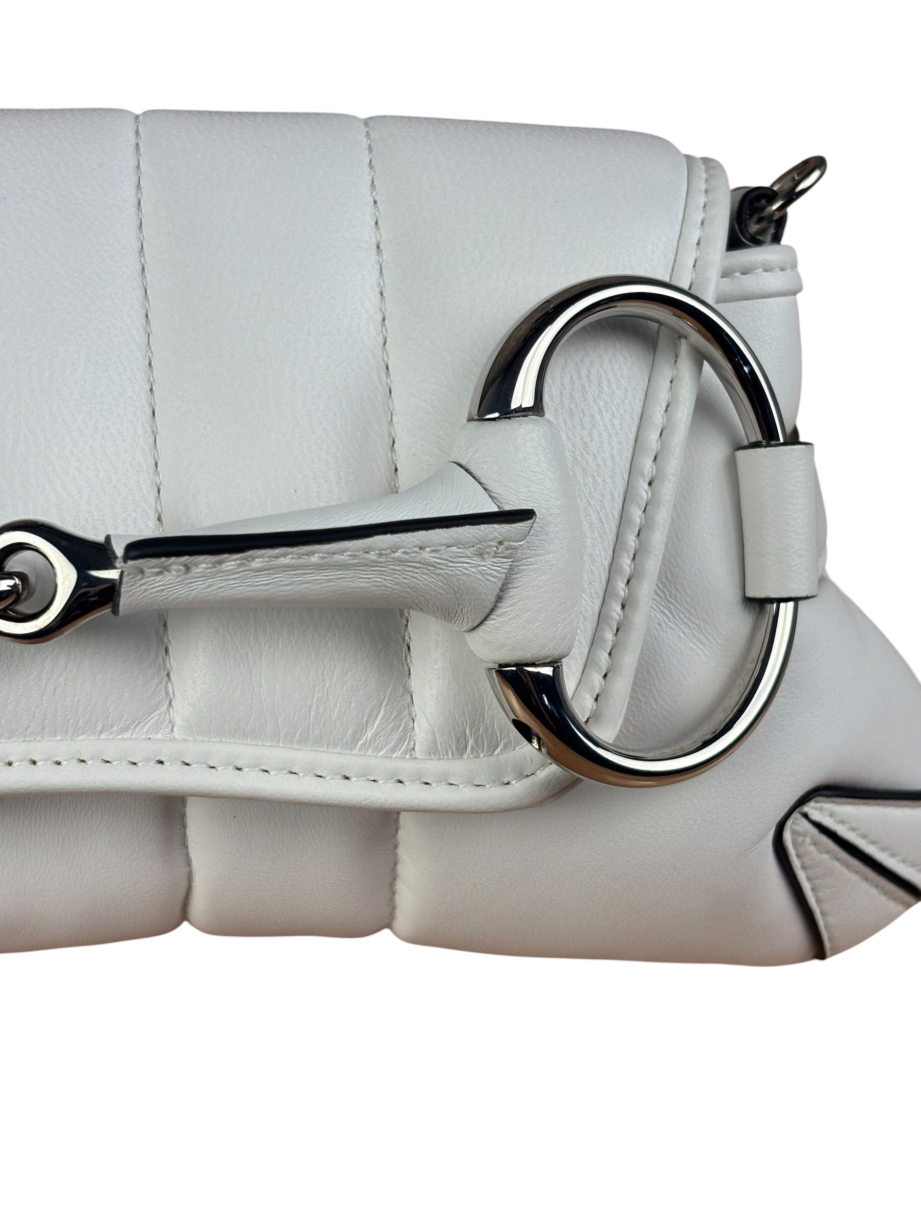 Gucci White Quilted Metelasse Leather Horsebit Chain Shoulder Bag