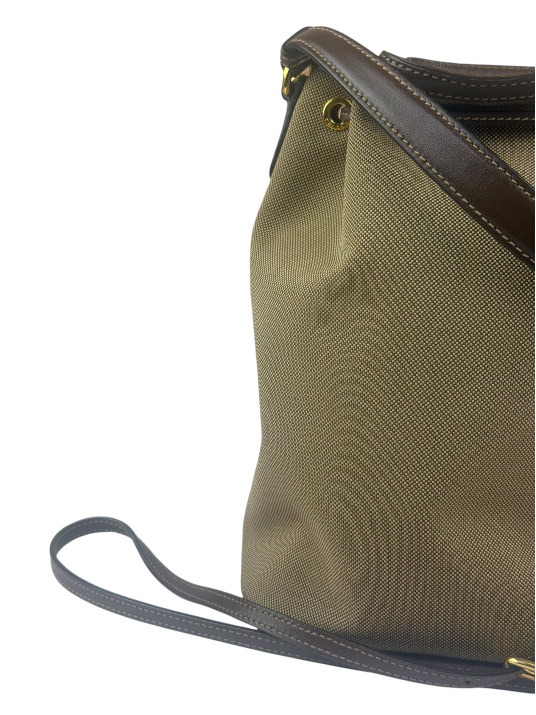 Prada Tan Beige Leather Trim Jaquard Canvas Bucket Bag