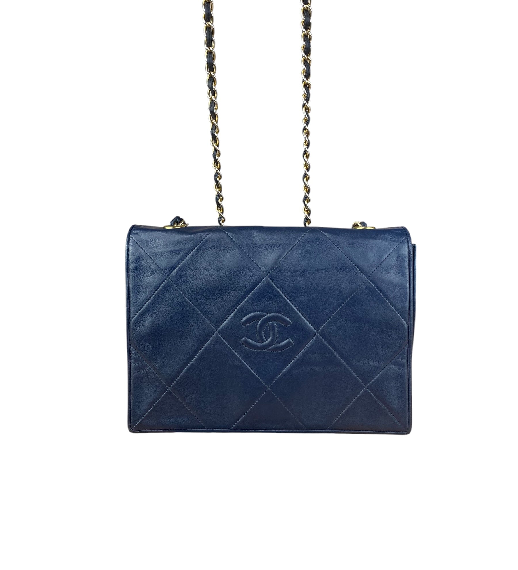 Chanel Navy Leather Diamond Stitch Flap Bag 1988