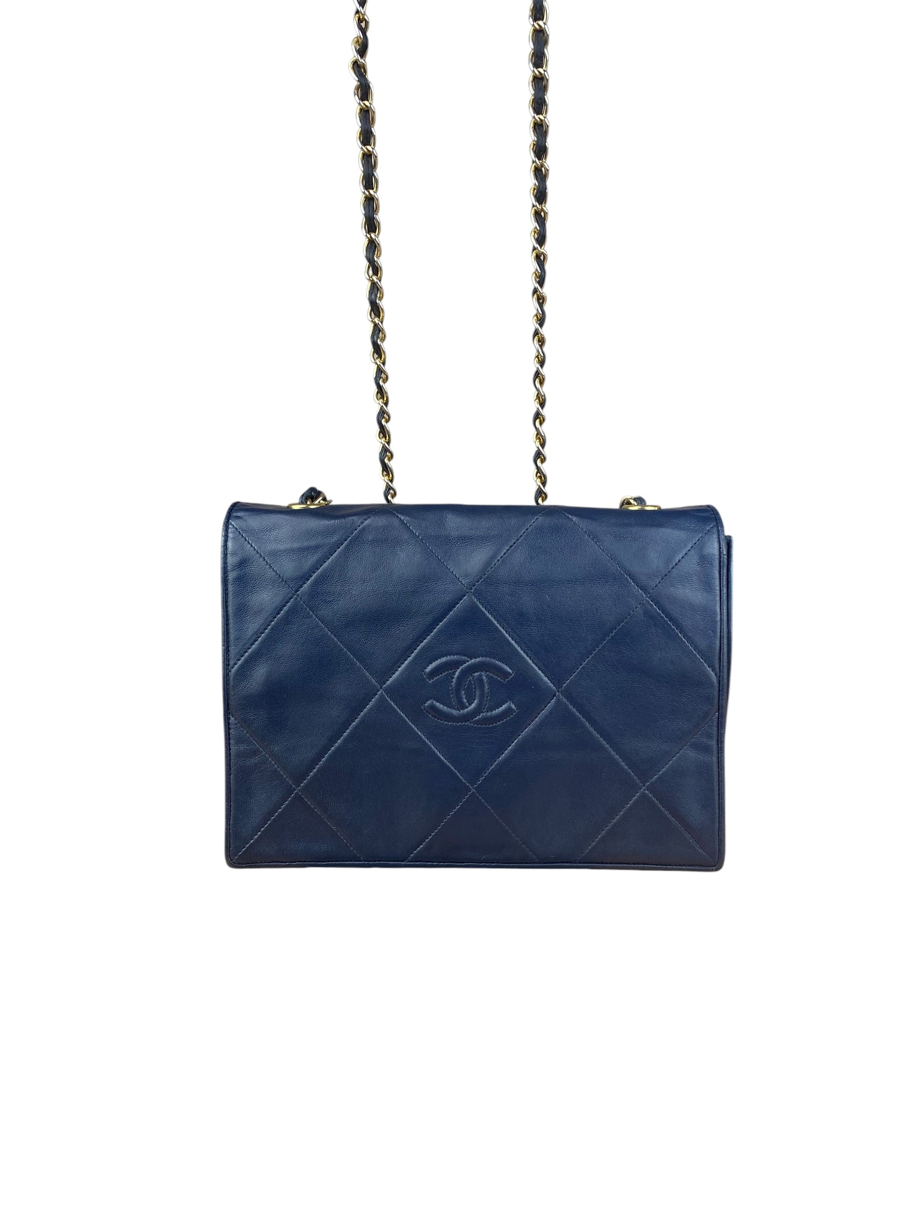 Chanel Navy Leather Diamond Stitch Flap Bag 1988