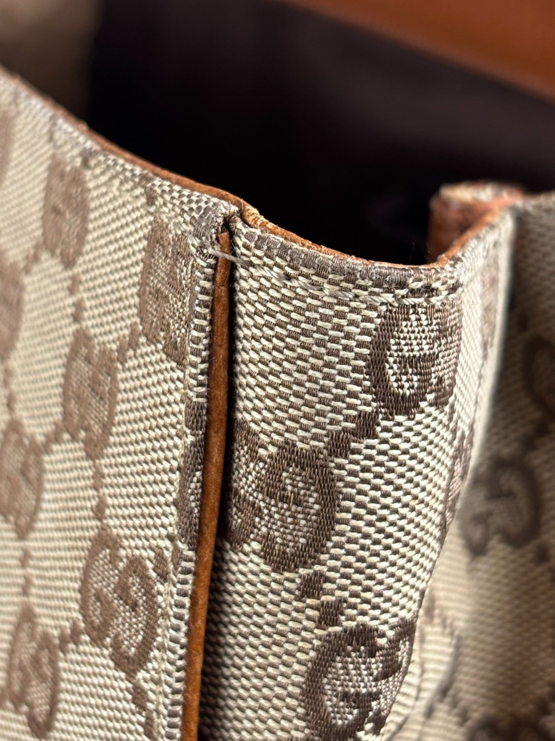 Gucci GG Brown Leather Trim Canvas Monogram Tote Bag