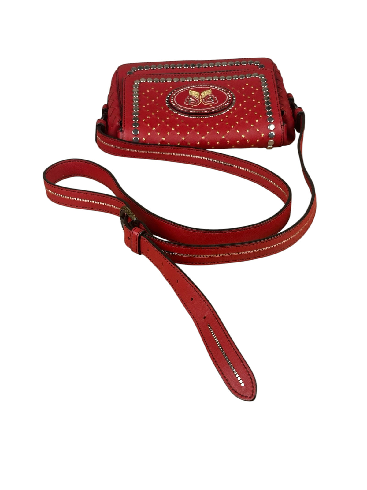 Bottega Veneta Red Leather Studded Intrecciato Flap Crossbody Bag