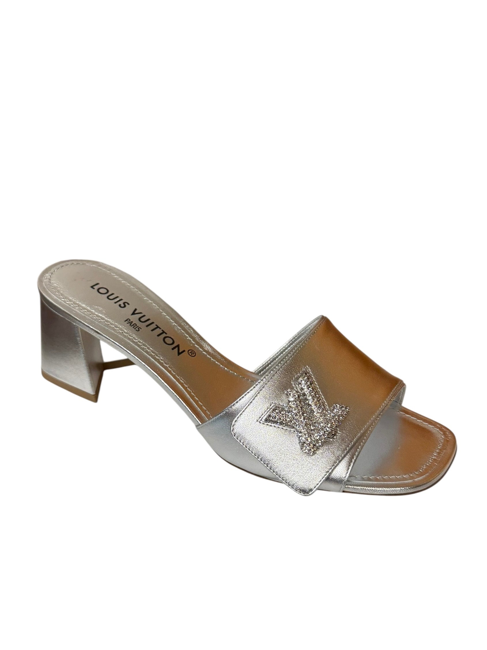 Louis Vuitton Silver Leather Shake Mules LV Crystal Embellished