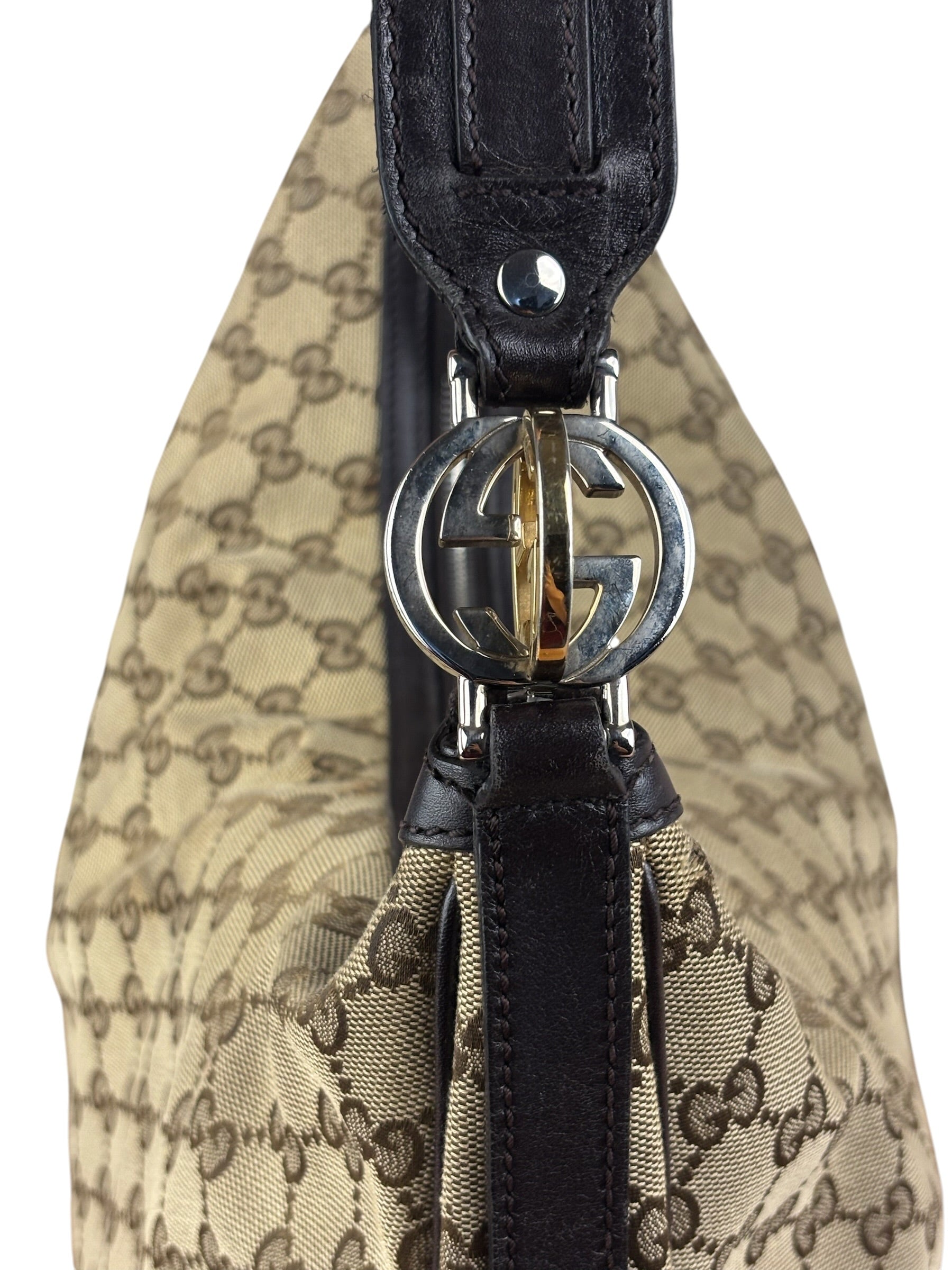 Gucci Vintage Dark Brown Leather Trim GG Canvas Twin Hobo Bag