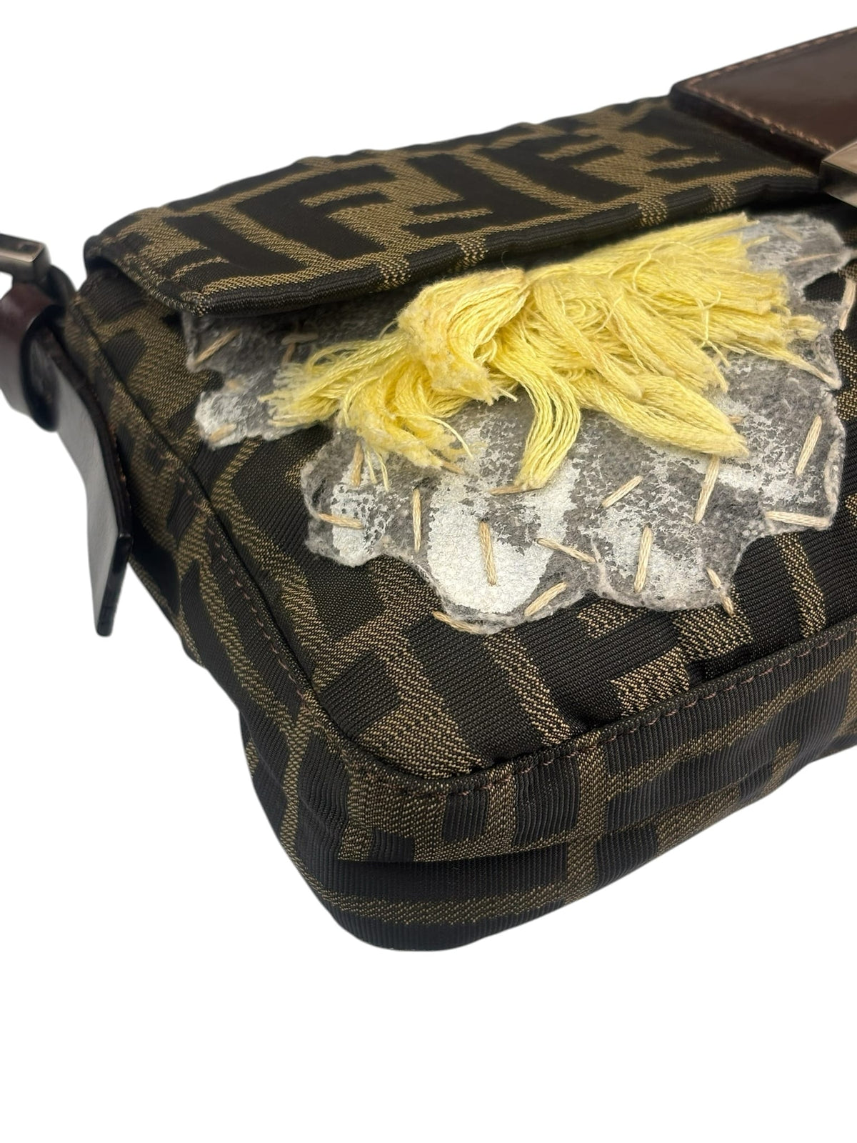 Fendi Brown Leather Trim Zucca Floral Embroidered Baguette