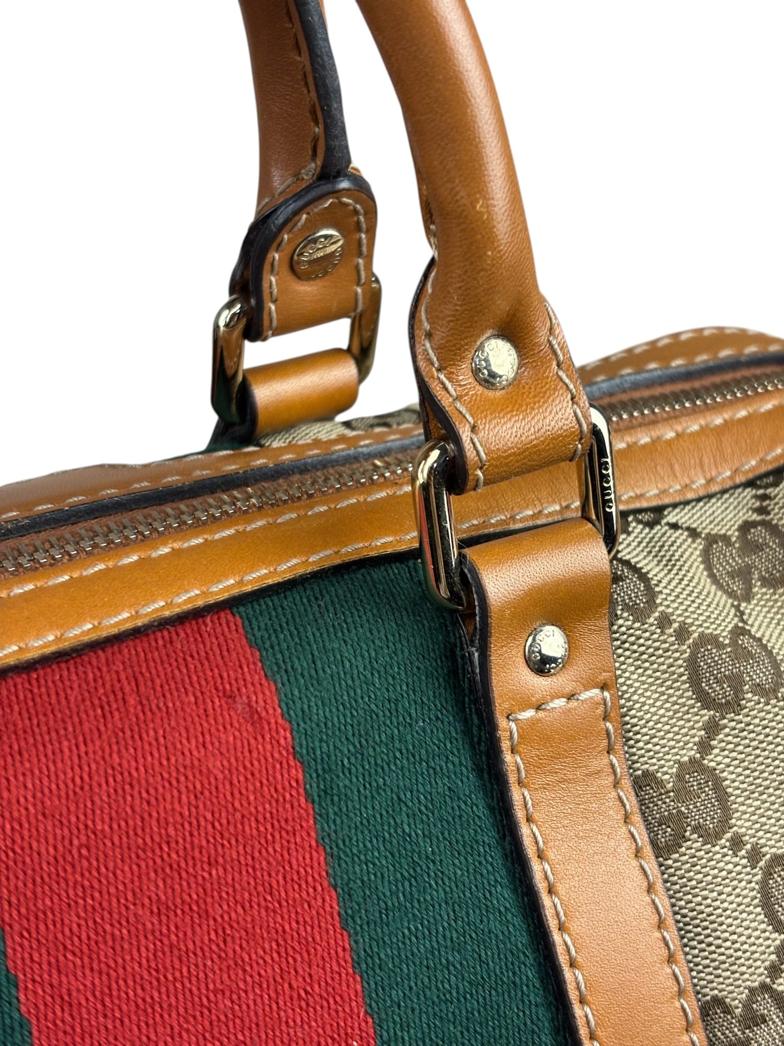 Gucci Beige/Brown GG Web Boston Two-Way Bag