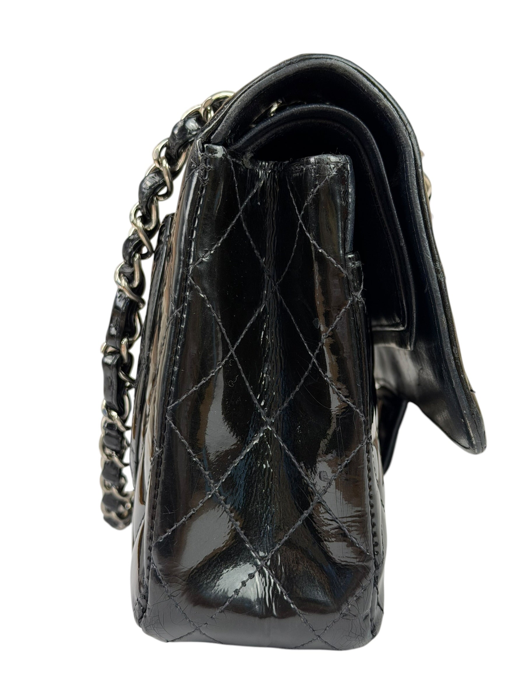 Chanel Black Patent Quilted Leather Double Flap Bag