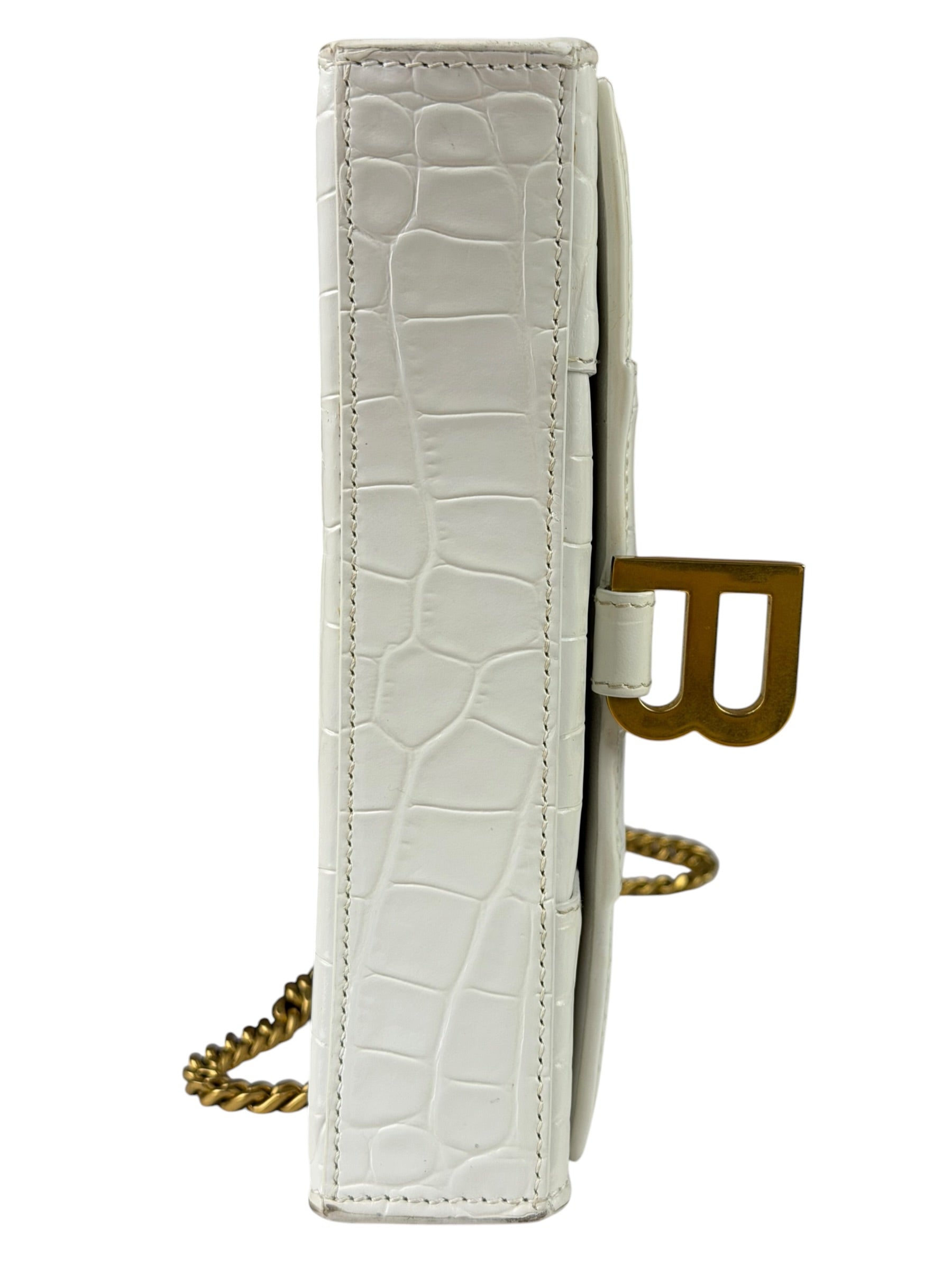 Balenciaga White Crocodile Embossed Hourglass Wallet On Chain