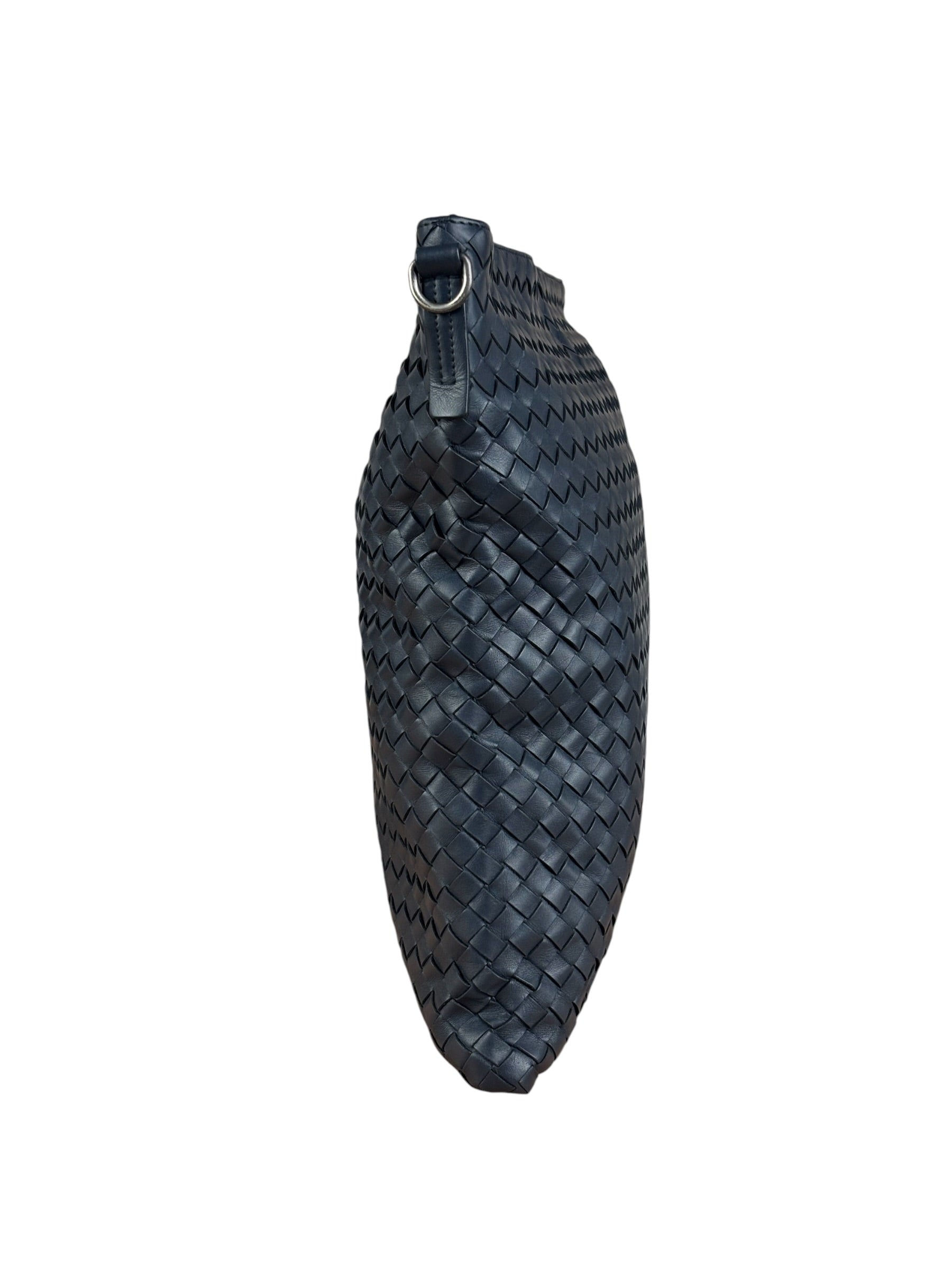 Bottega Veneta Navy Blue Leather Intrecciato Woven Flat Crossbody Bag