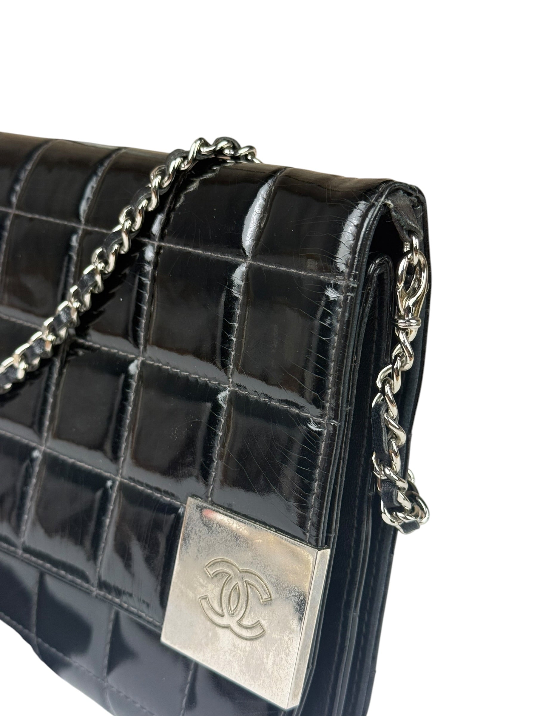 Chanel Black Patent Chocolate Bar Quilted Flap Shoulder Bag 2001