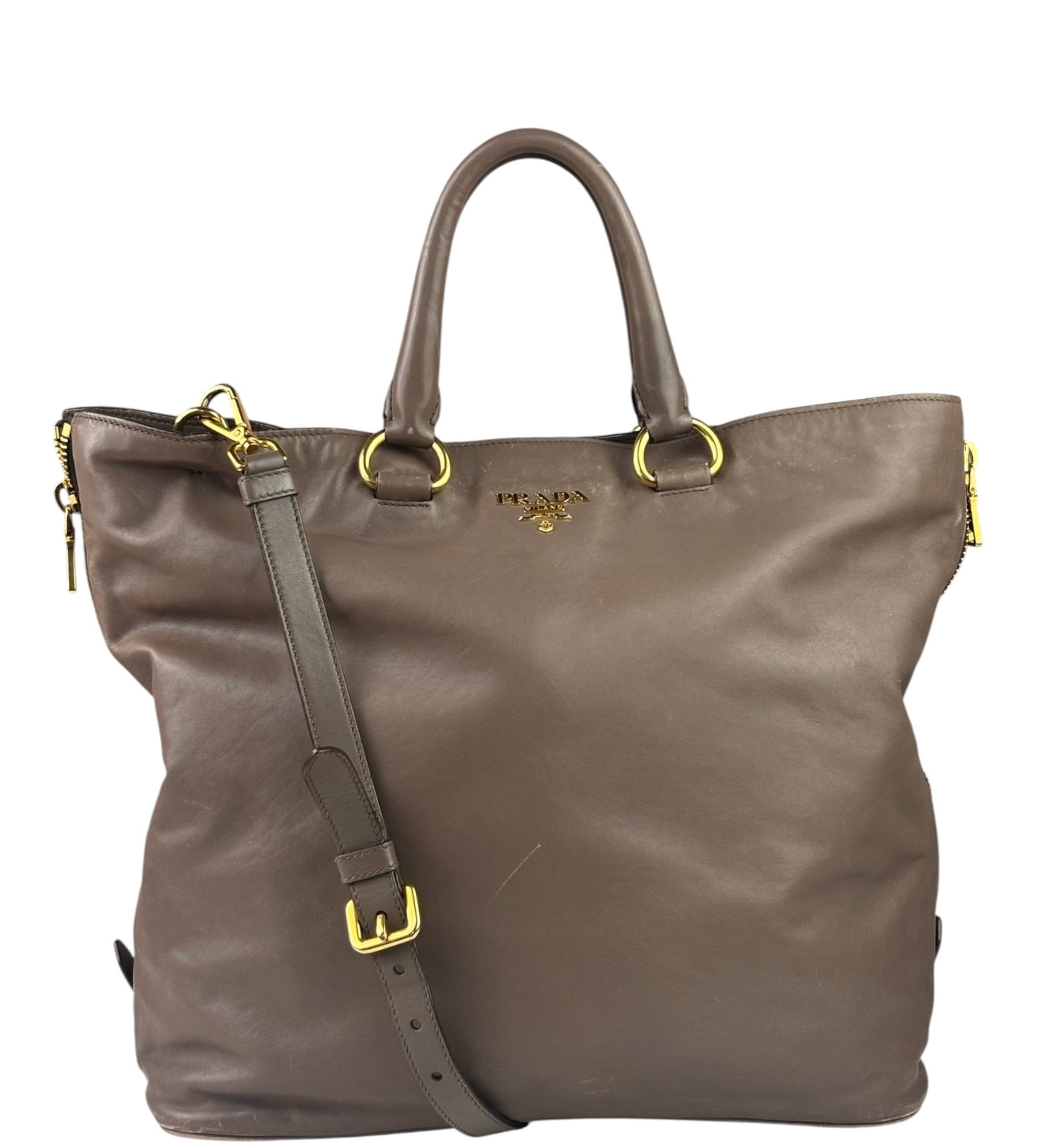 Prada Neutral Taupe Vitello Daino Leather Side Zip Large Shopper Tote