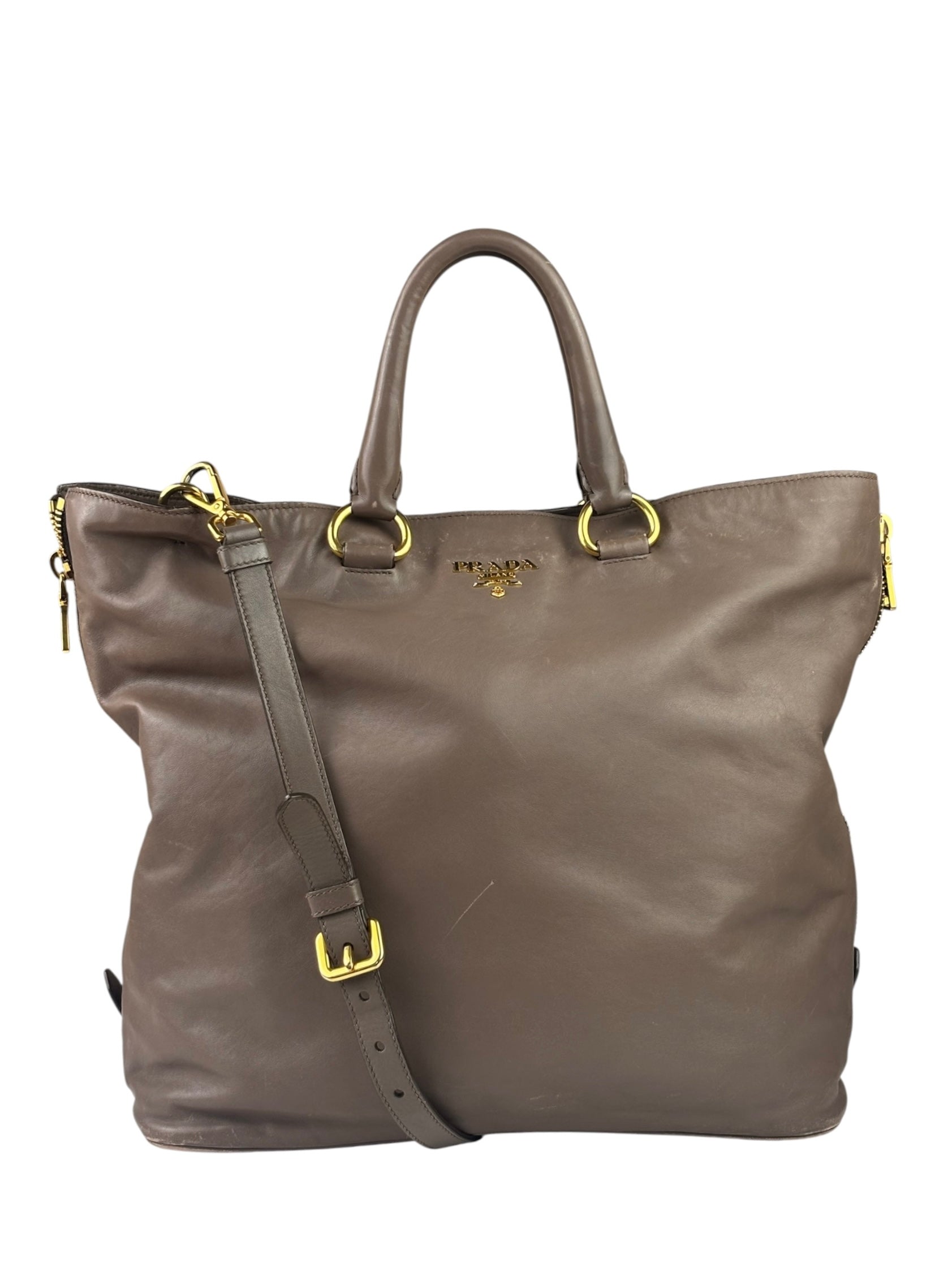 Prada Neutral Taupe Vitello Daino Leather Side Zip Large Shopper Tote