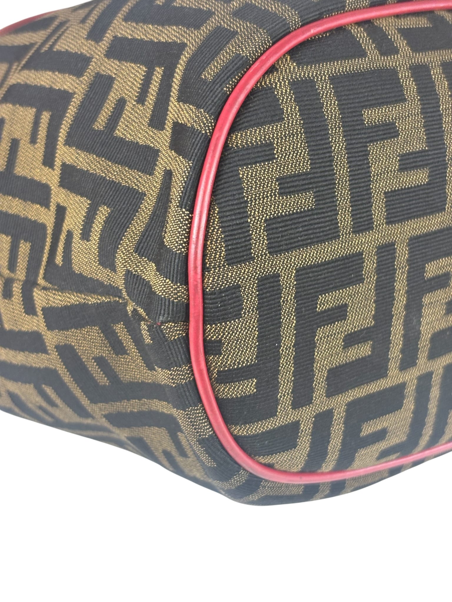 Fendi Beige/Red Leather Trim Zucca Buckle Tote