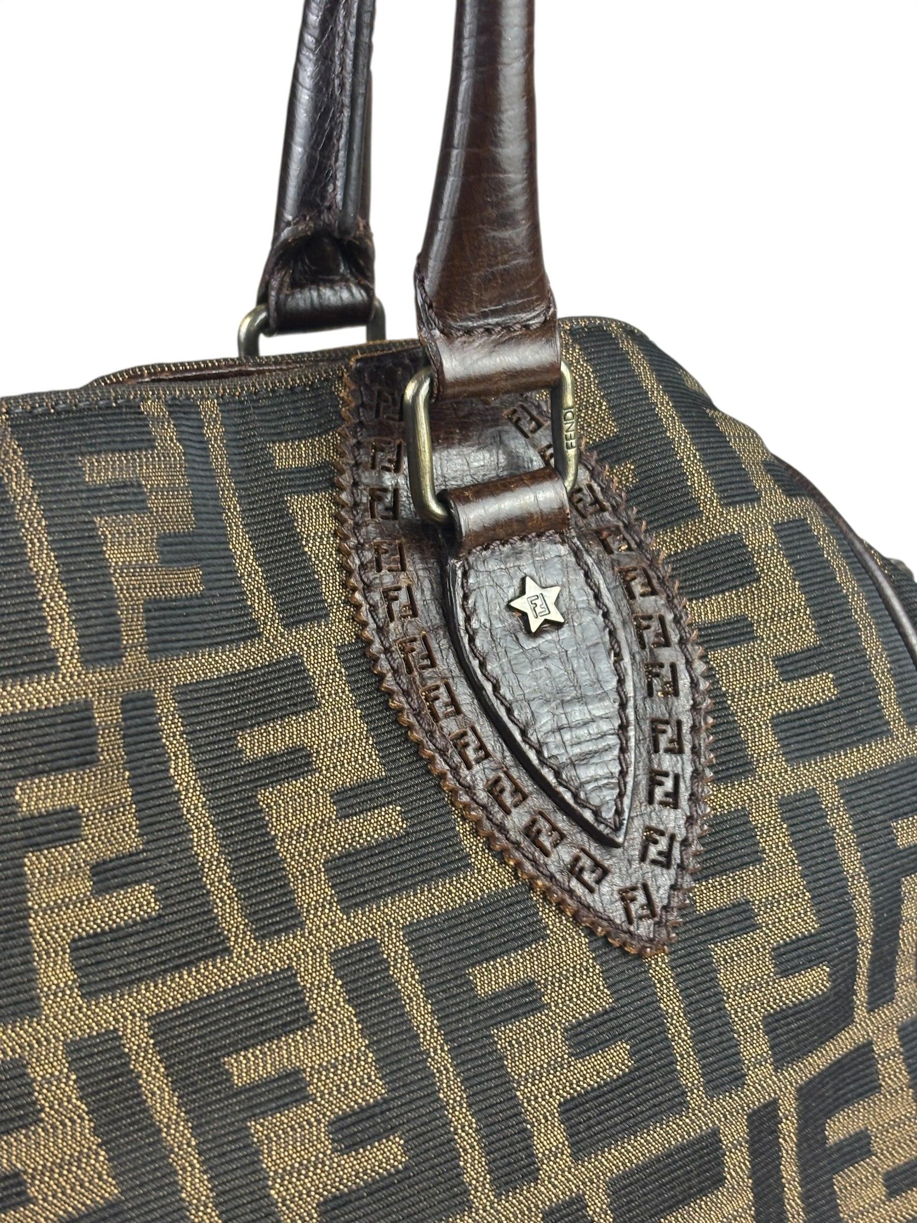 Fendi Vintage Brown Leather Trim Zucca De Jour Media Tote